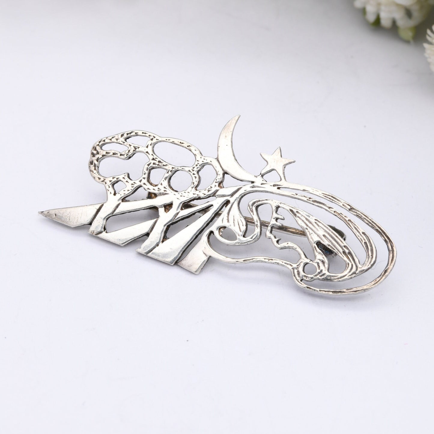 Vintage Sterling Silver Openwork Sculptural Brooch - Road Tree Moon Star Face Cut Out Design | Unusual Figural Silver Jewellery