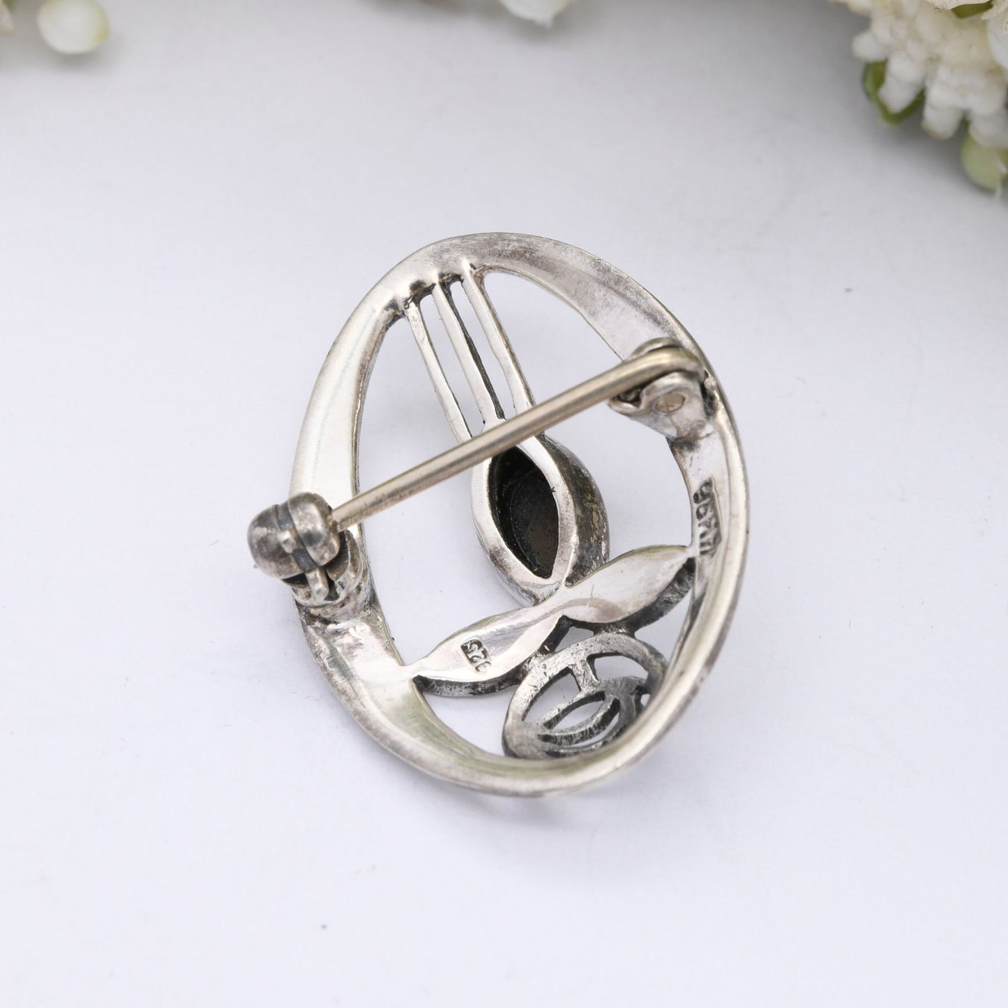 Vintage Glasgow Rose Sterling Silver Brooch with Onyx by Kit Heath - Scottish Stain Glass Window Design | Celtic Mackintosh Style Flower