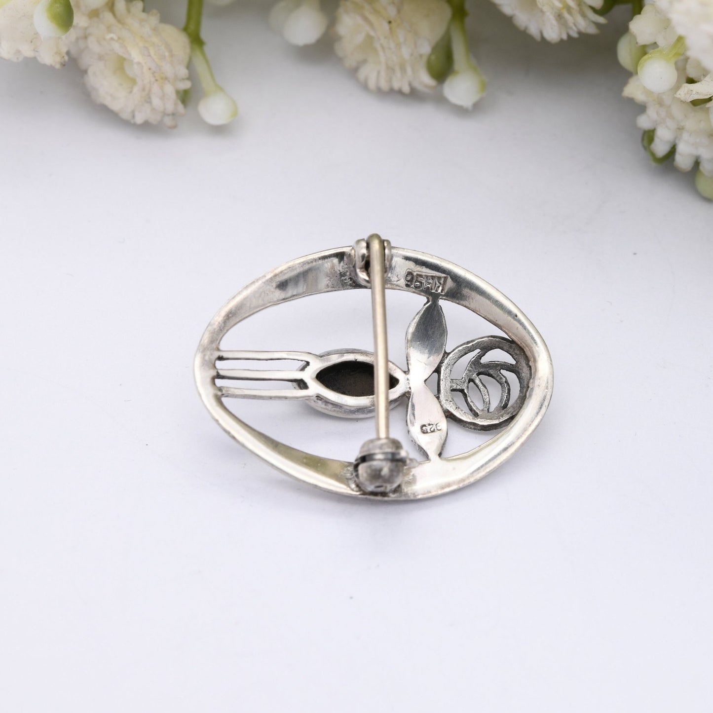 Vintage Glasgow Rose Sterling Silver Brooch with Onyx by Kit Heath - Scottish Stain Glass Window Design | Celtic Mackintosh Style Flower
