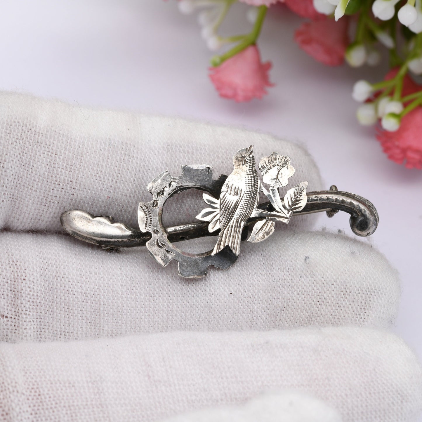 Antique Edwardian Sterling Silver Bird on a Branch Brooch 1905 - Victorian Aesthetic Movement Style