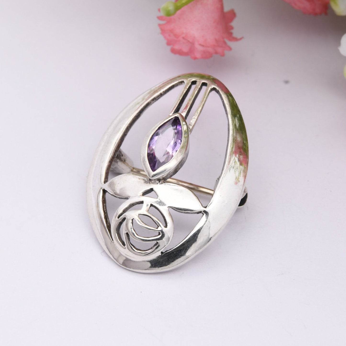 Vintage Scottish Sterling Silver Amethyst Glasgow Rose Brooch - Mackintosh Stained Glass Window Style | Celtic Flower Design
