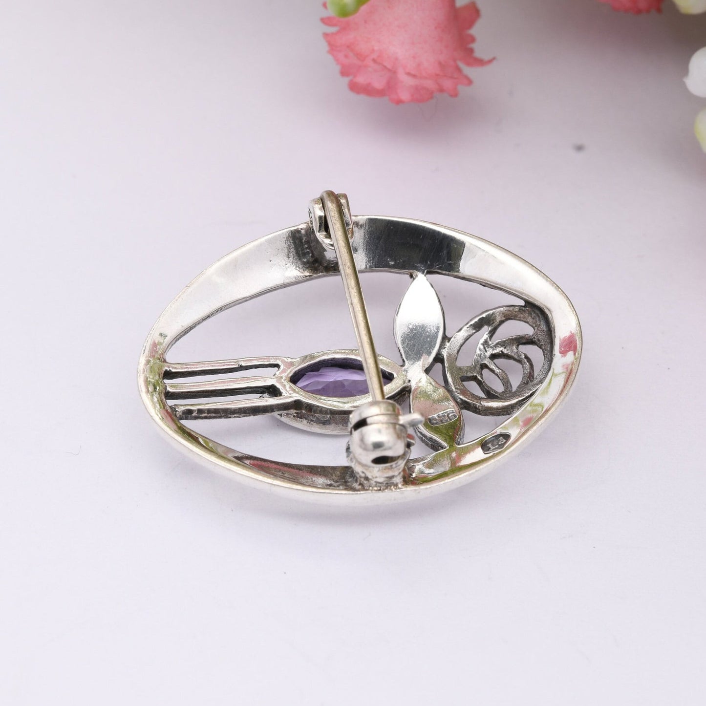 Vintage Scottish Sterling Silver Amethyst Glasgow Rose Brooch - Mackintosh Stained Glass Window Style | Celtic Flower Design
