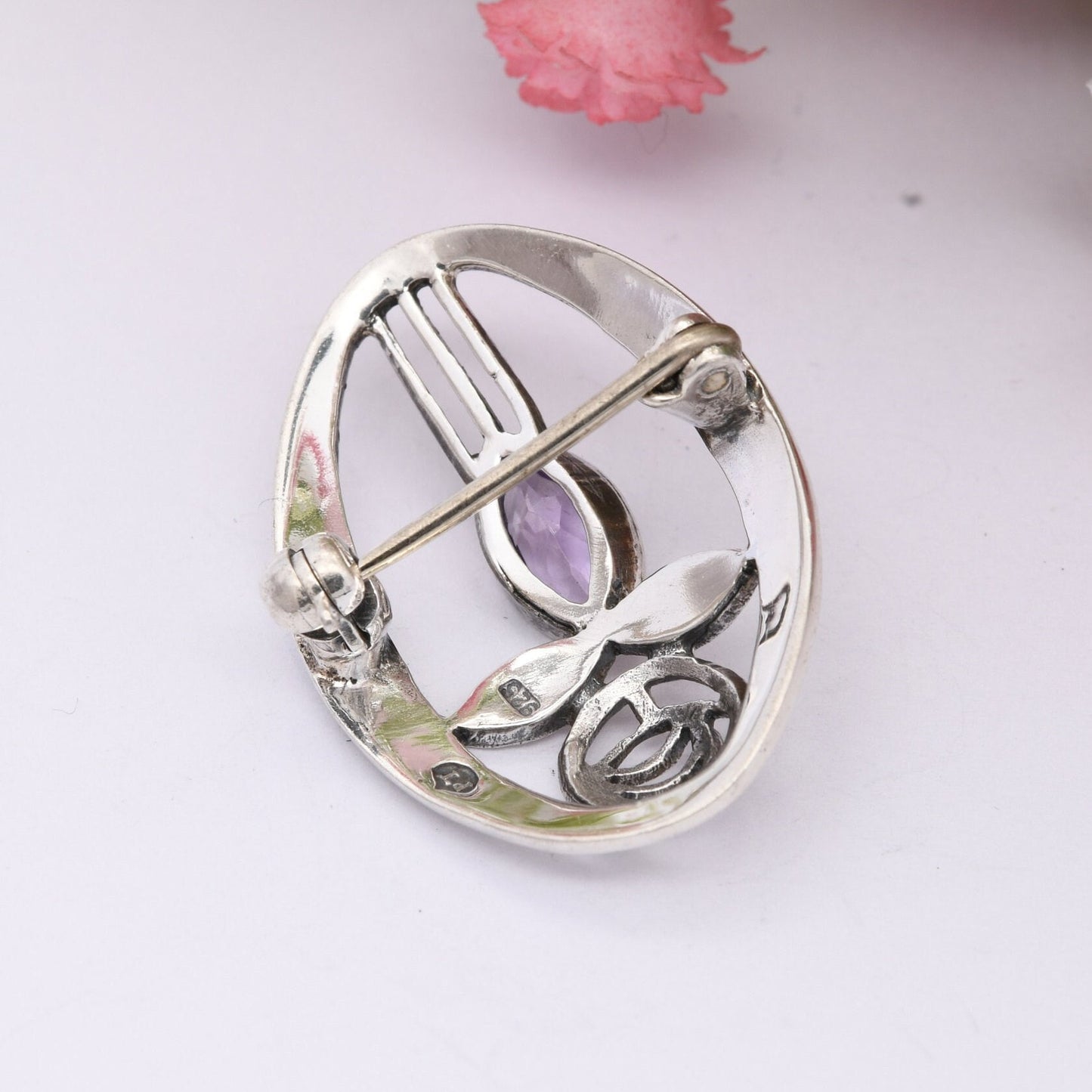 Vintage Scottish Sterling Silver Amethyst Glasgow Rose Brooch - Mackintosh Stained Glass Window Style | Celtic Flower Design