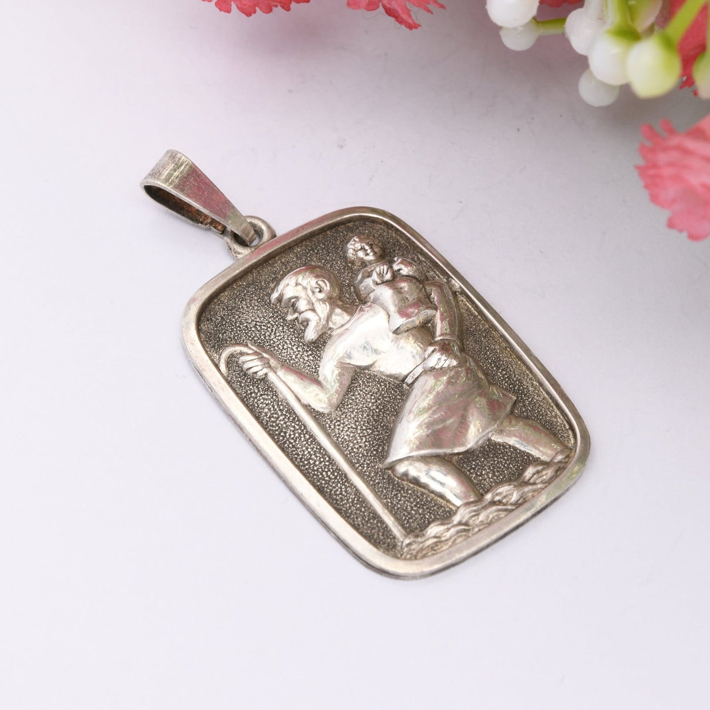 Vintage Sterling Silver St. Christopher Charm Pendant - Rectangle | 3D