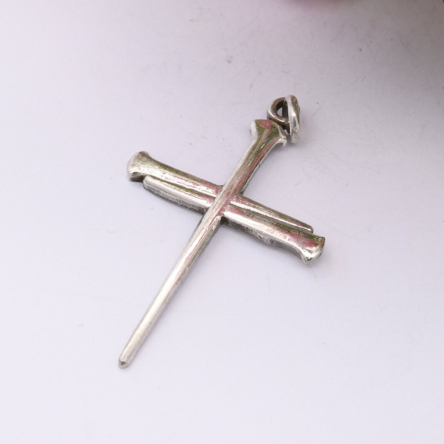 Vintage Sterling Silver Cross of Nails Pendant 1978 - Mid-Century Modernist Cross Made of Nails