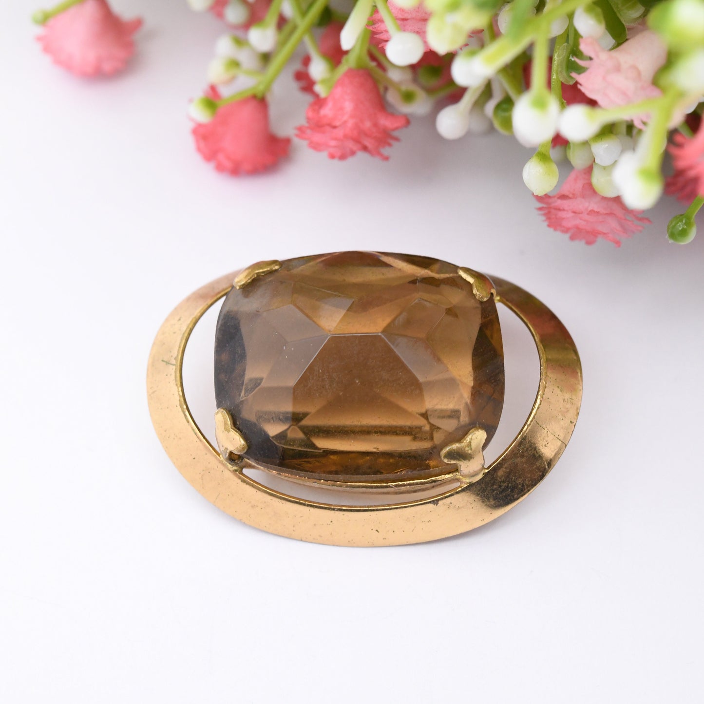 Antique Gold Plated Statement Brooch with Large Smoky Glass Stones - Mid-Century Costume Jewellery