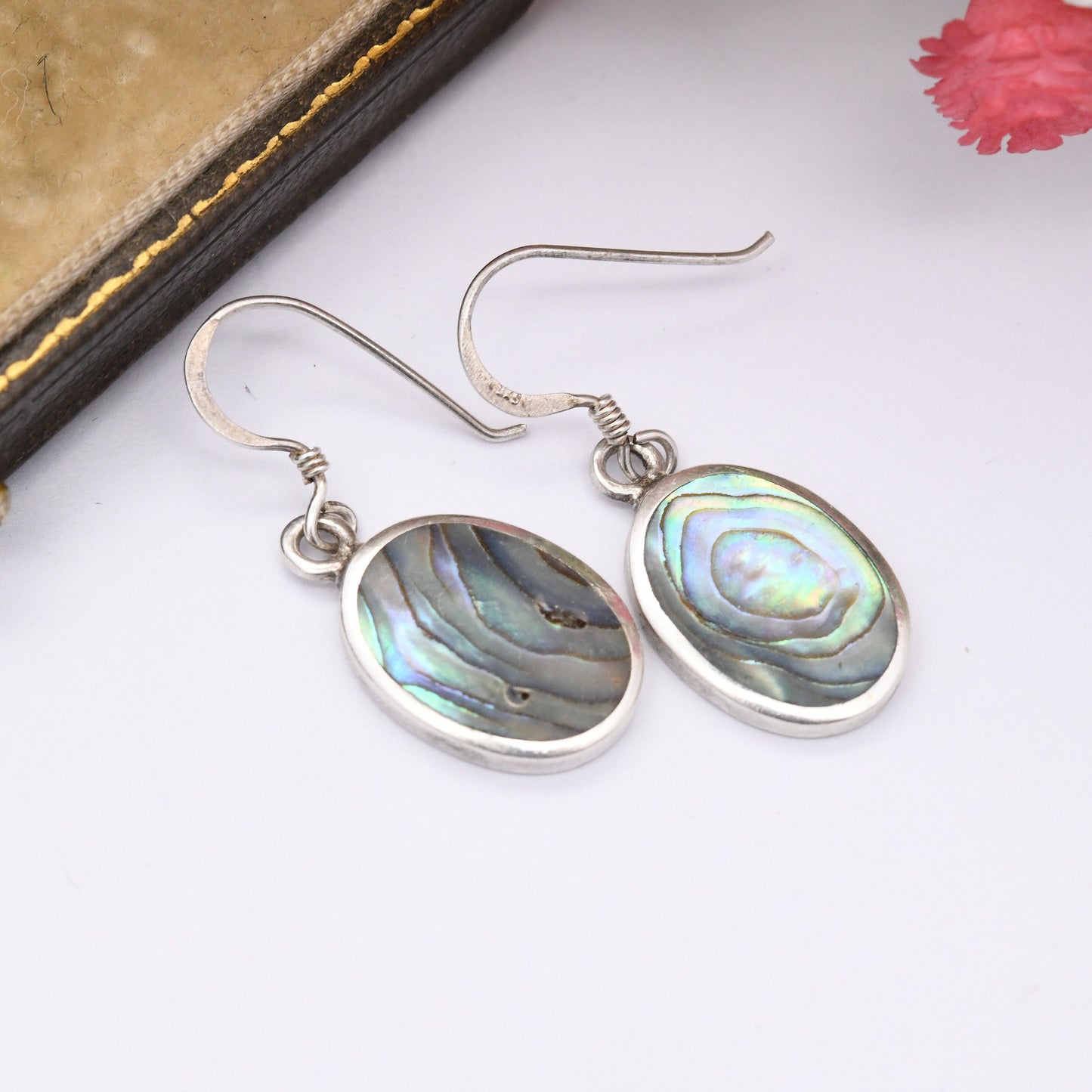 Vintage Sterling Silver Abalone Shell Drop Earrings - Stiped Paua Shell Hook Earrings