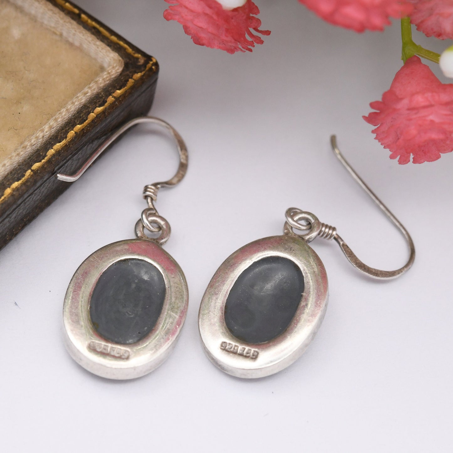 Vintage Sterling Silver Abalone Shell Drop Earrings - Stiped Paua Shell Hook Earrings