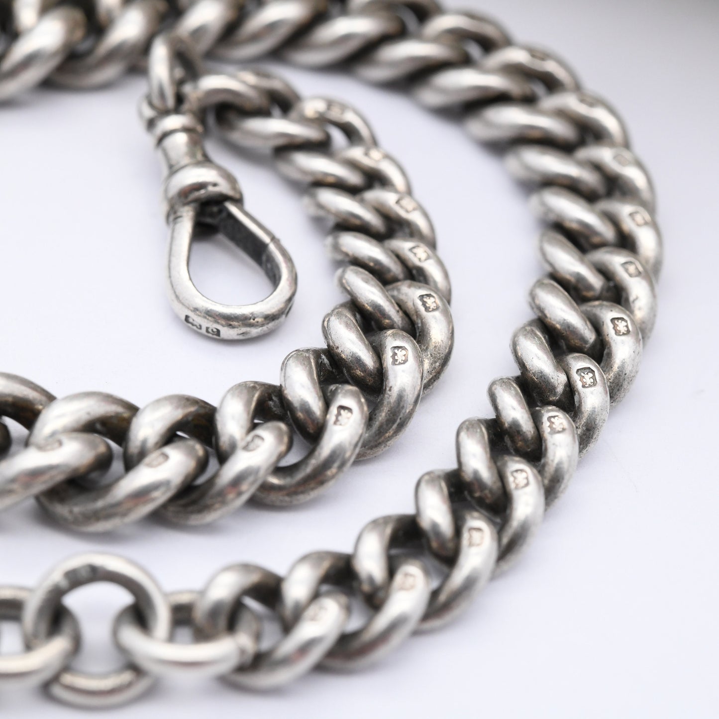 Antique Sterling Silver Albert Chain with Dog Clip and T-Bar 1902 by Henry Allday & Son - Graduated Curb Link | Pocket Watch Chain 12" | 86g