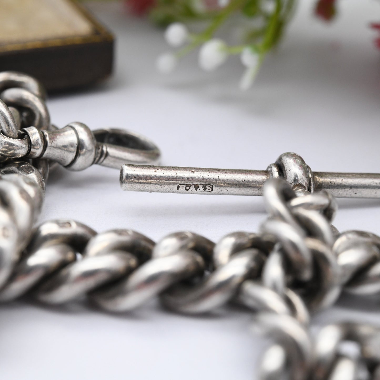 Antique Sterling Silver Albert Chain with Dog Clip and T-Bar 1902 by Henry Allday & Son - Graduated Curb Link | Pocket Watch Chain 12" | 86g
