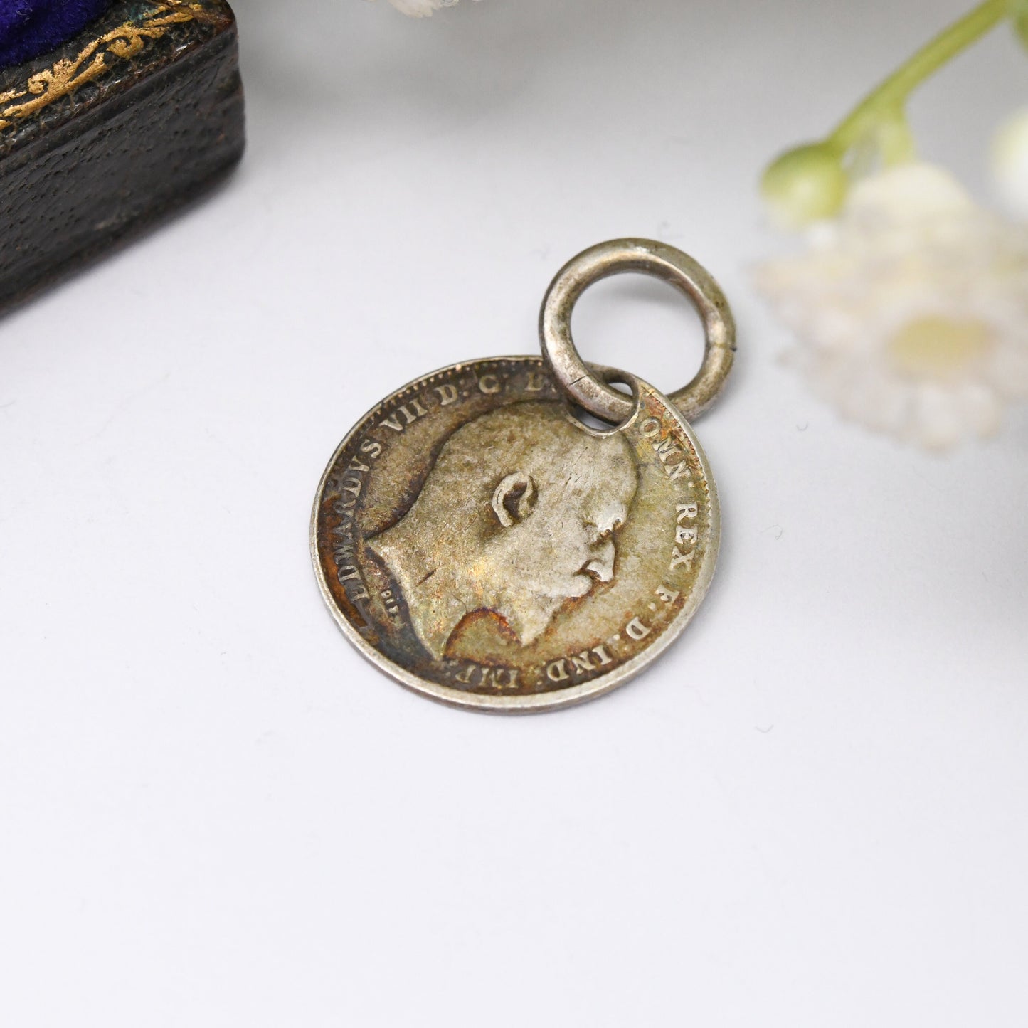 Antique Edwardian Silver Love Token Threepence Coin Charm Pendant - Always Merry and Bright Engraved Message