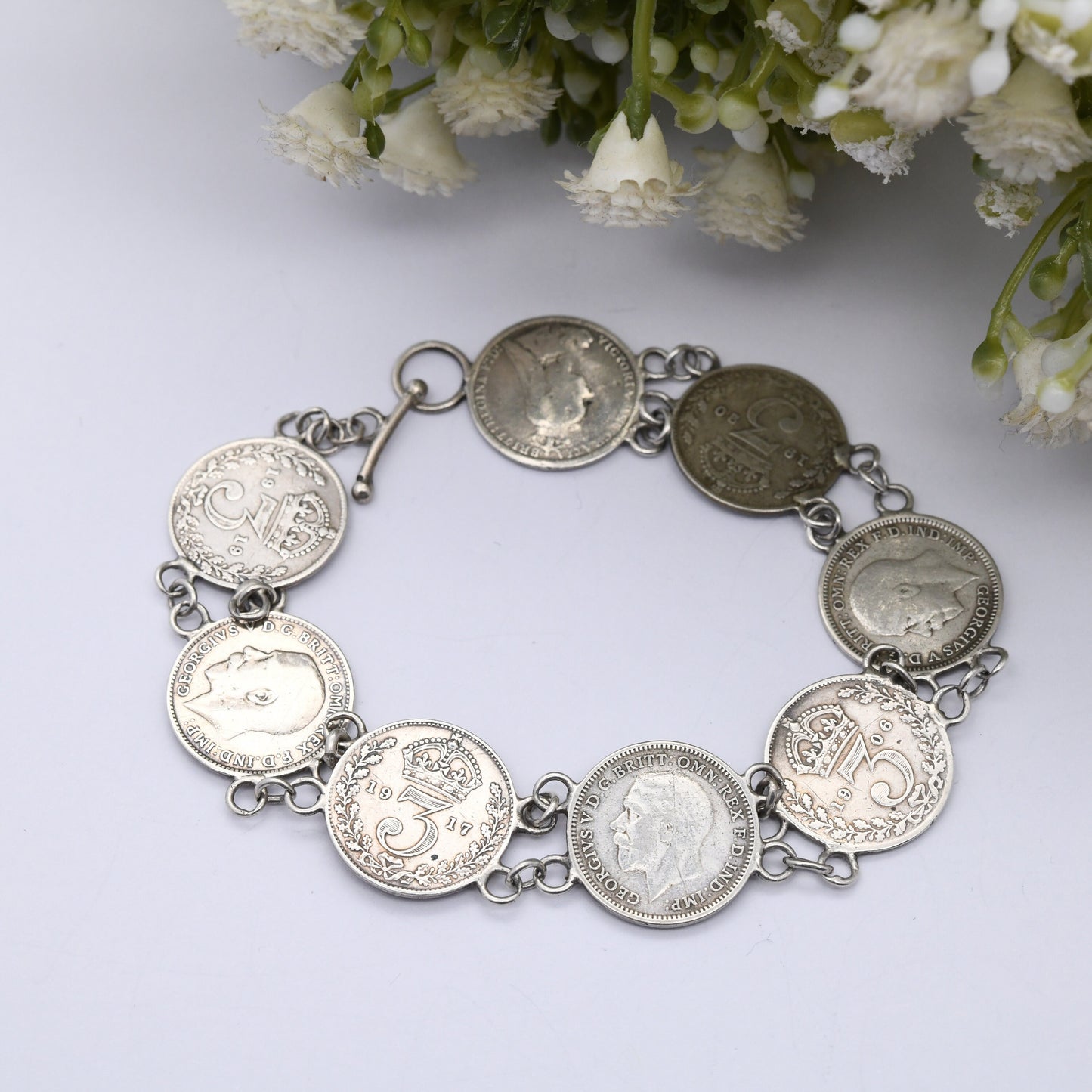 Antique Sterling Silver Threepence Coin Bracelet - Victoria 1906 Edward VII 1917 George V | Silver Coin Jewellery | Toggle Clasp