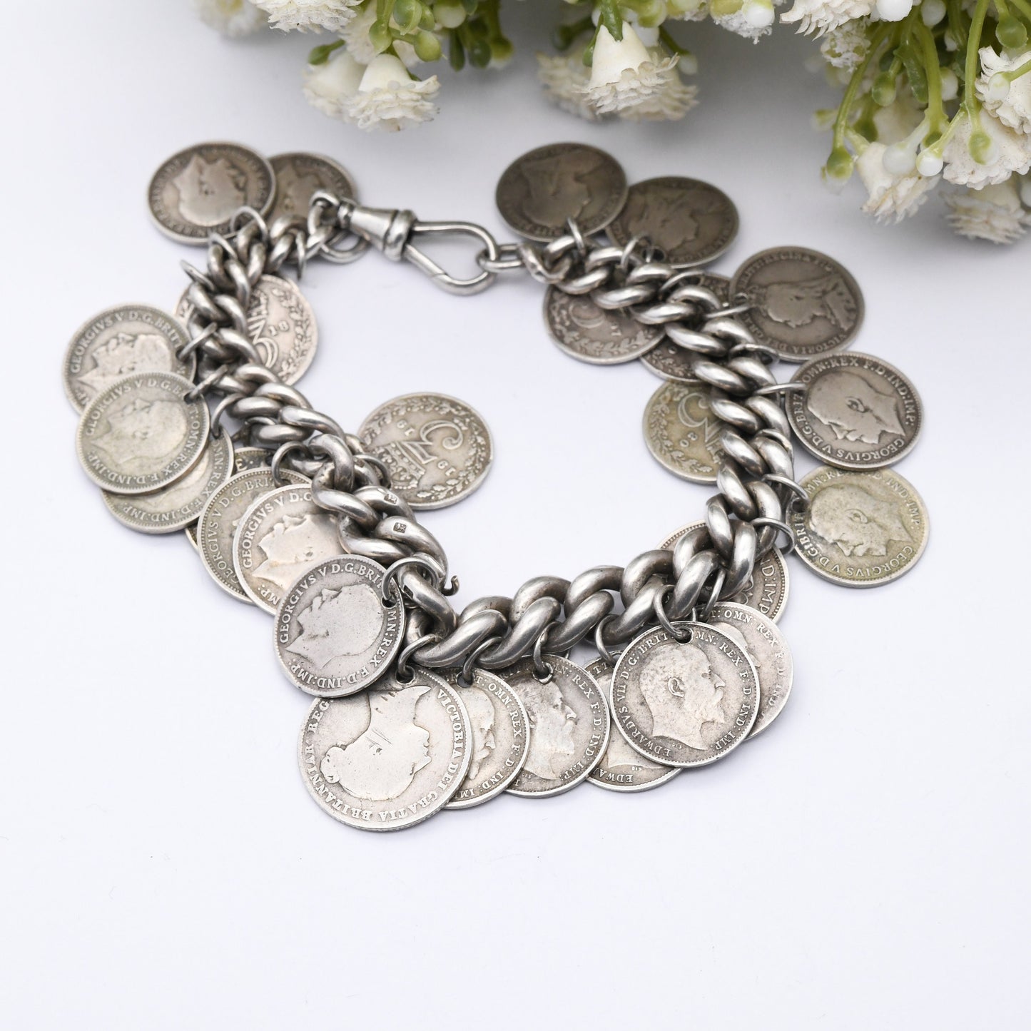 Antique Silver Threepence Coin Charm Bracelet Dog Clip 1896 with 1844 Victoria 1902 Edward VII 1912 George V - Curb Link 29 Coin Collection