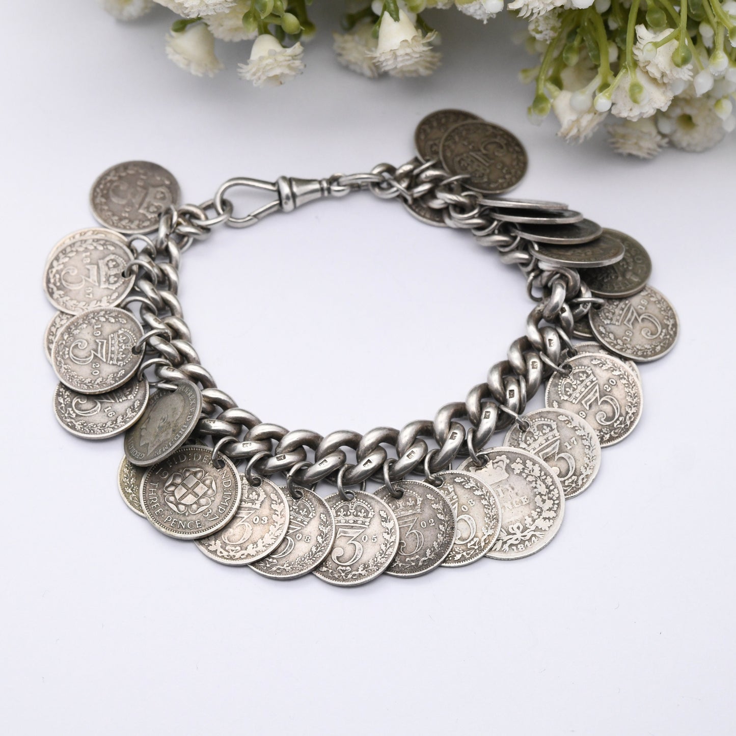 Antique Silver Threepence Coin Charm Bracelet Dog Clip 1896 with 1844 Victoria 1902 Edward VII 1912 George V - Curb Link 29 Coin Collection