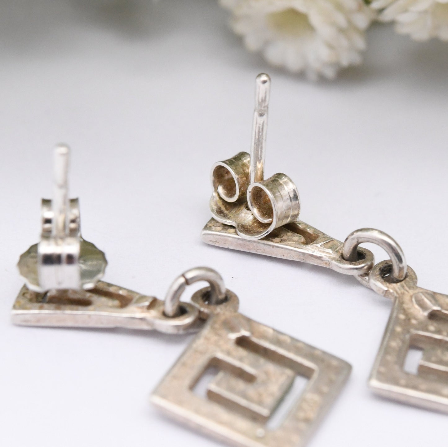 Vintage Sterling Silver Meander Drop Earrings - Openwork Greek Key Maze Design