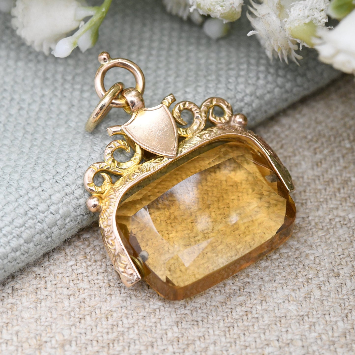 Antique 9ct Gold Citrine Spinner Fob with Shield Plaque 1922 - Faceted Gemstone Watch Fob Pendant | Ornate Design