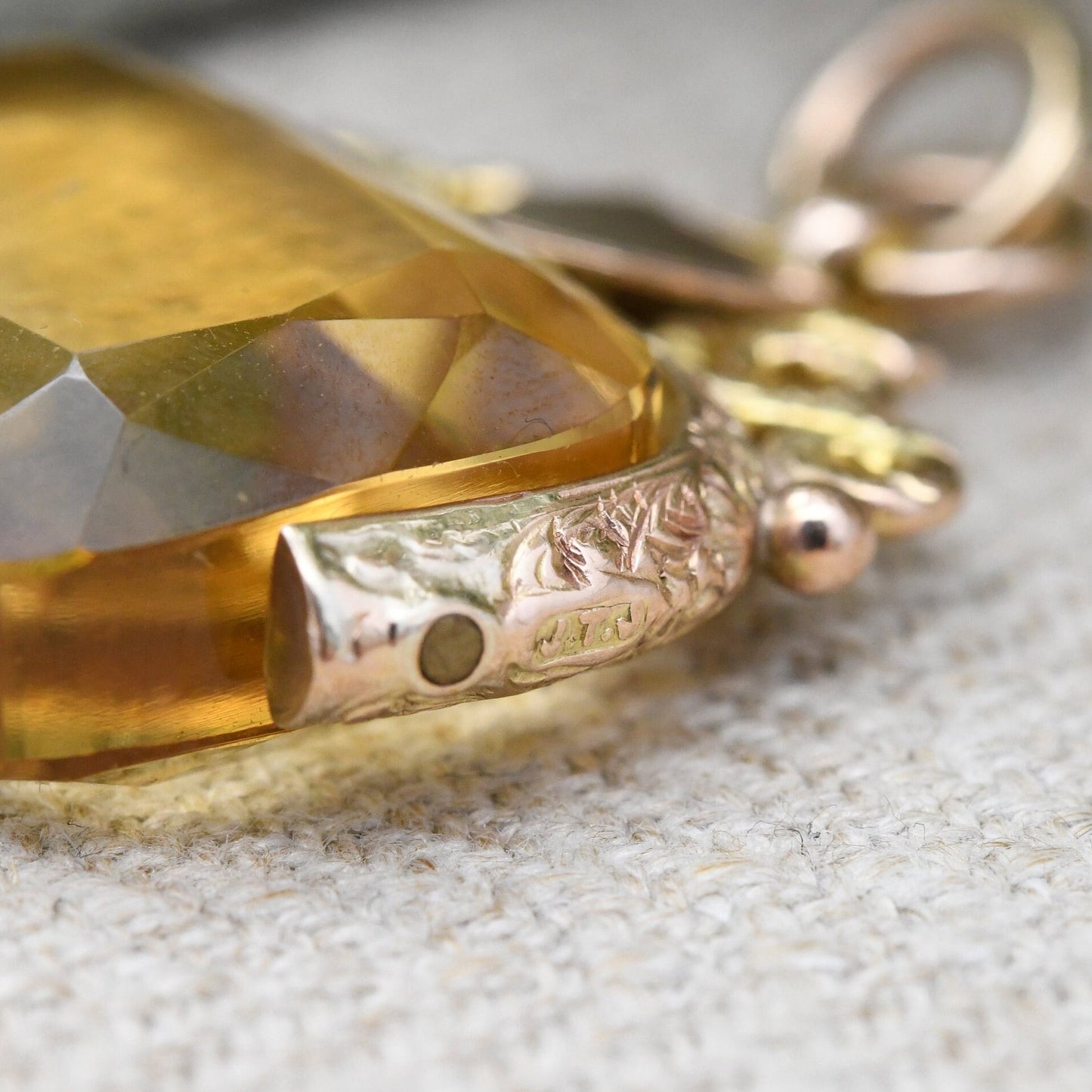 Antique 9ct Gold Citrine Spinner Fob with Shield Plaque 1922 - Faceted Gemstone Watch Fob Pendant | Ornate Design