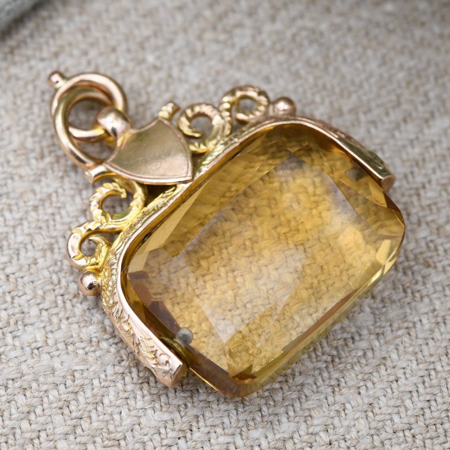 Antique 9ct Gold Citrine Spinner Fob with Shield Plaque 1922 - Faceted Gemstone Watch Fob Pendant | Ornate Design