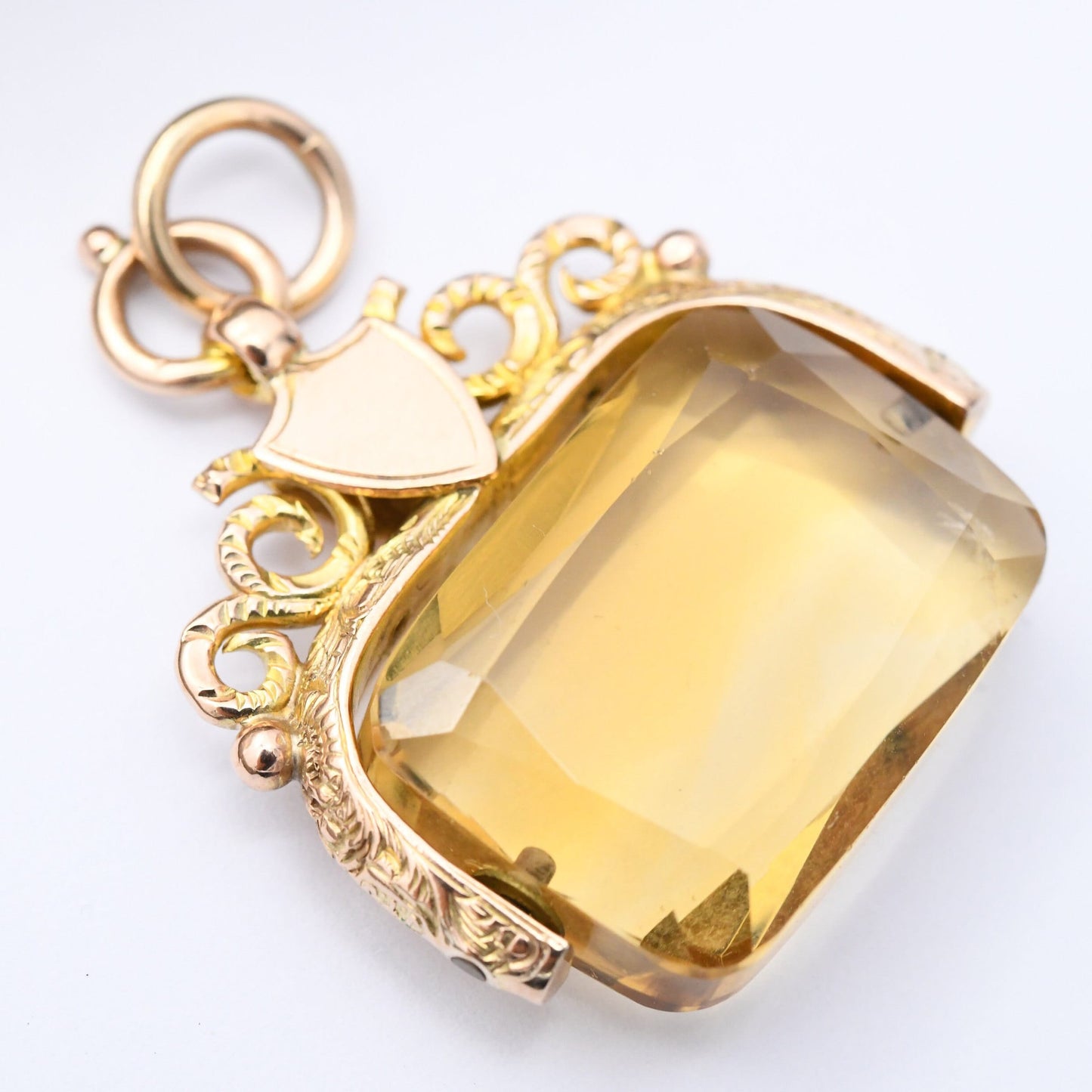 Antique 9ct Gold Citrine Spinner Fob with Shield Plaque 1922 - Faceted Gemstone Watch Fob Pendant | Ornate Design
