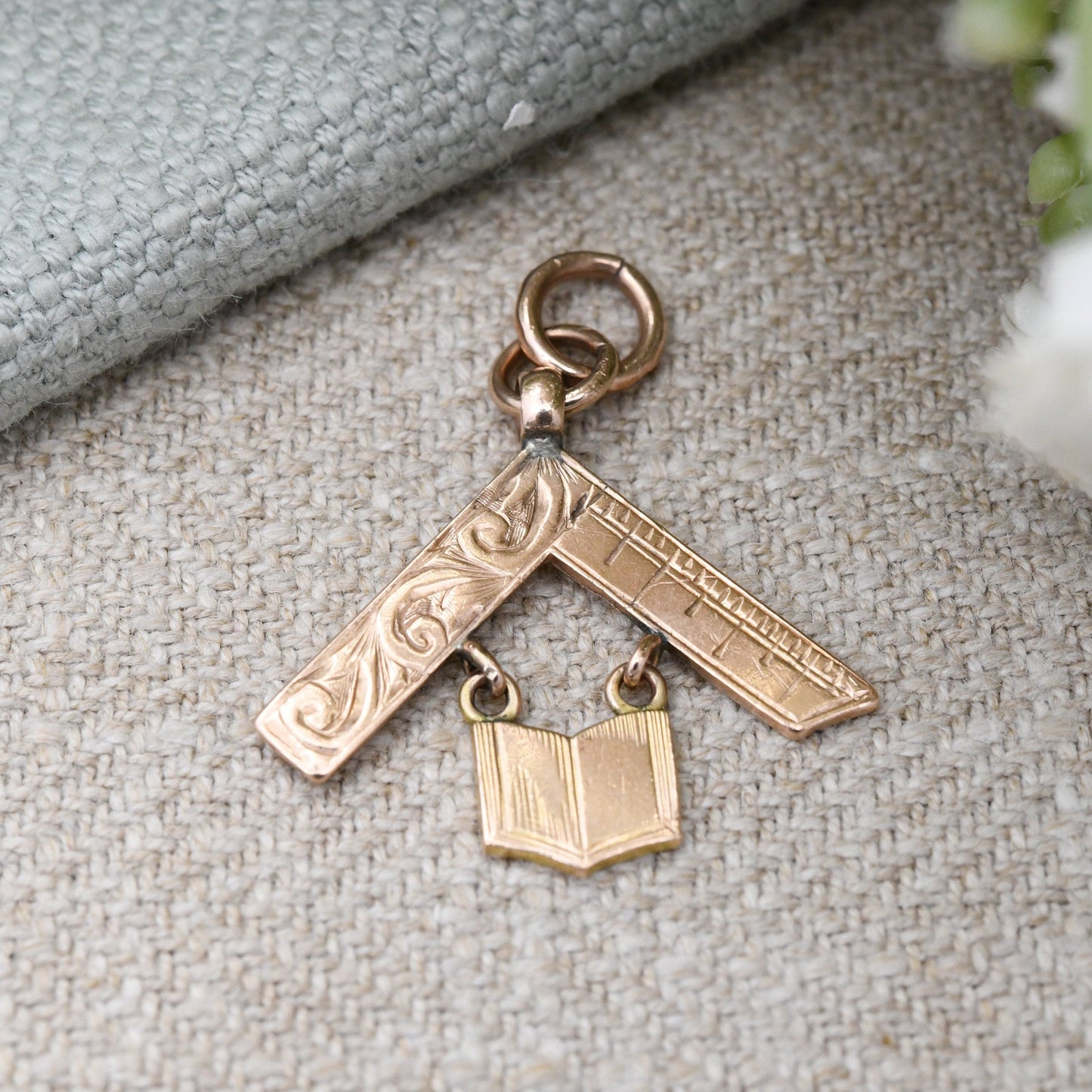 Antique 9ct Gold Masonic Square and Book Pendant by William Adams - Articulated Rose Gold Fob Edwardian
