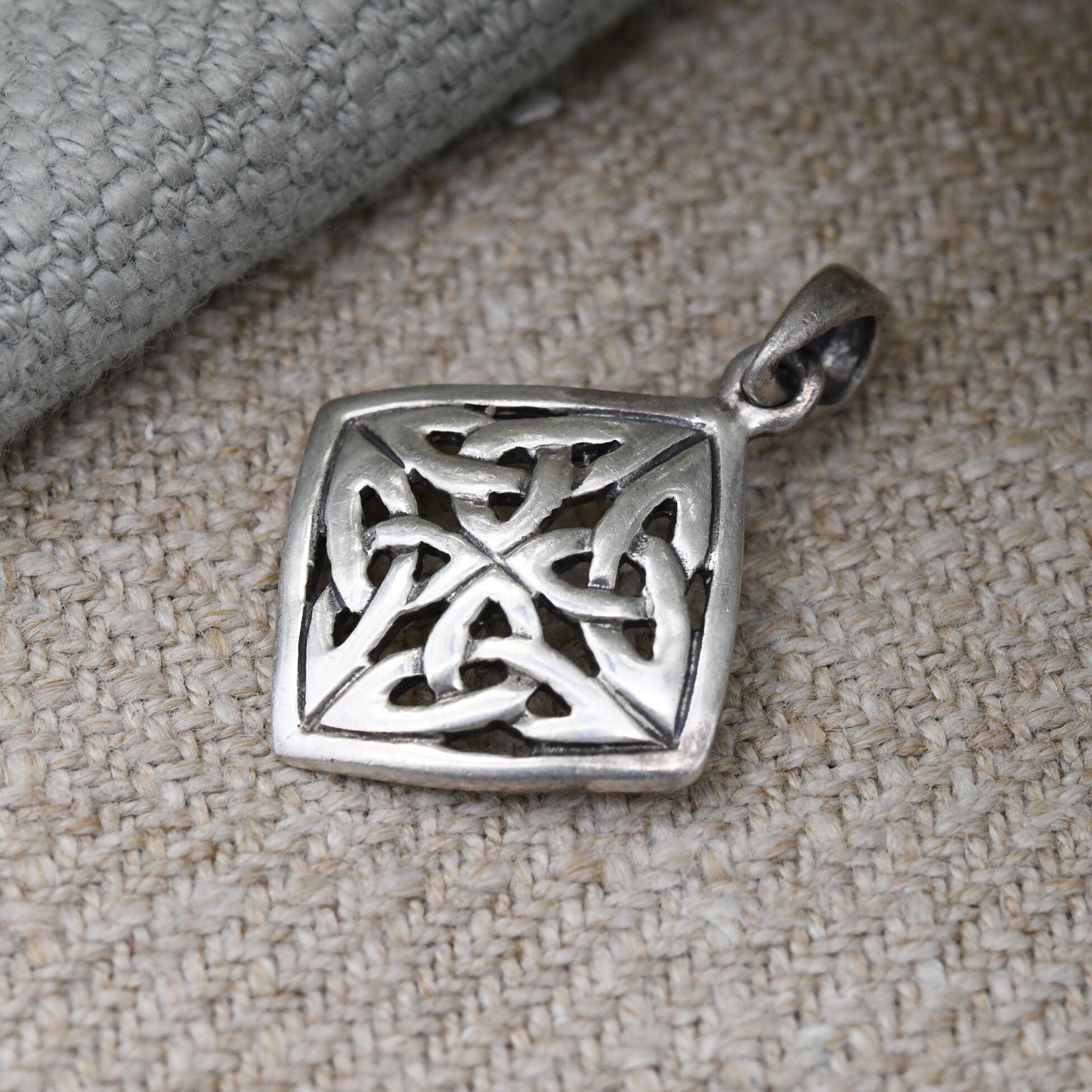 Vintage Sterling Silver Celtic Openwork Pendant - Diamond Shaped Triquetra Pattern