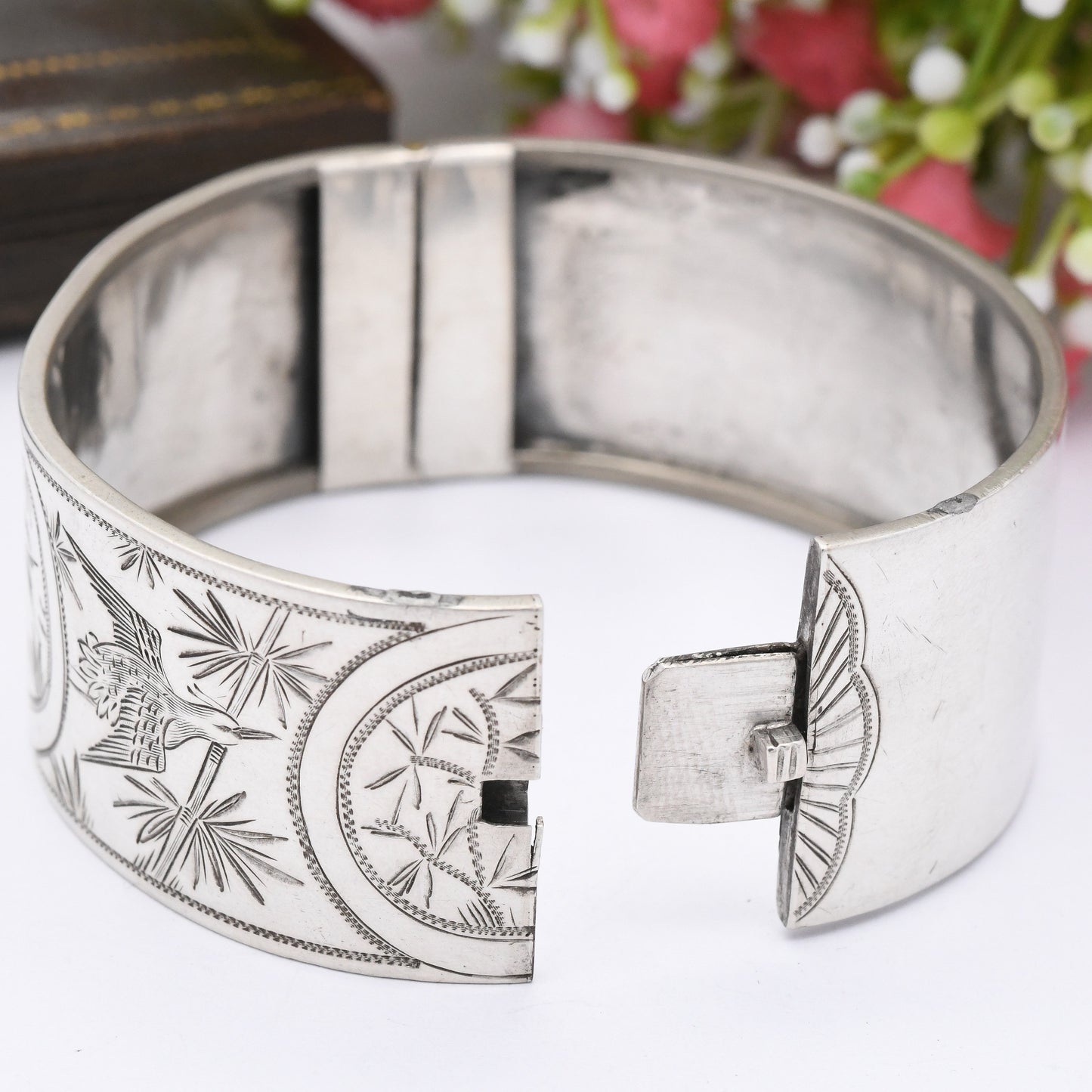 Antique Victorian Silver Aesthetic Bangle with Swallows and Reed Design - Hand Engraved