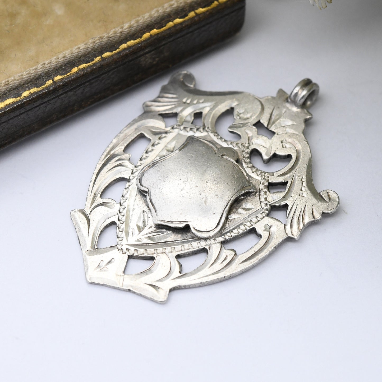 Antique Sterling Silver Watch Fob Pendant 1921 by Herbert Bushell & Son - with Blank Shield Space for Engraving