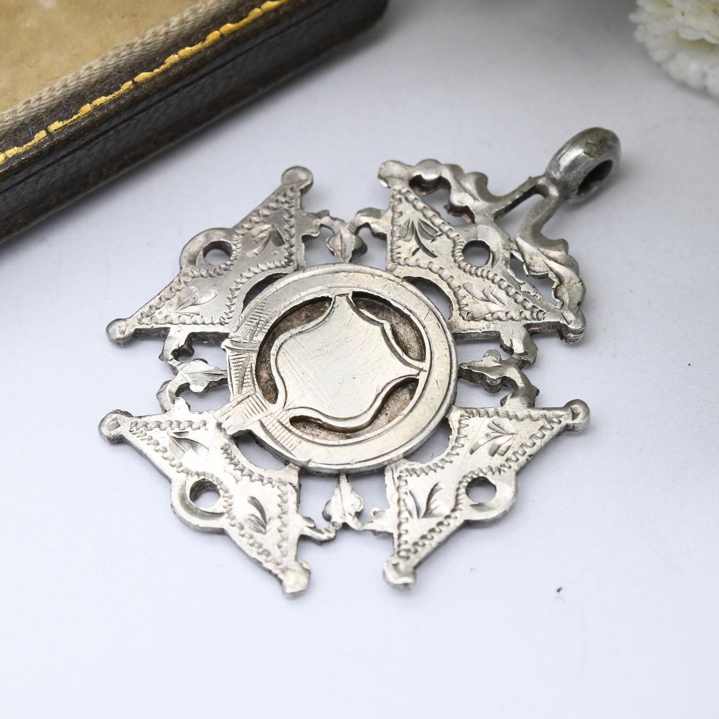 Antique Sterling Silver Watch Fob Pendant 1915 by William Hair Haseler - with Blank Space for Engraving Buckle and Shield Design