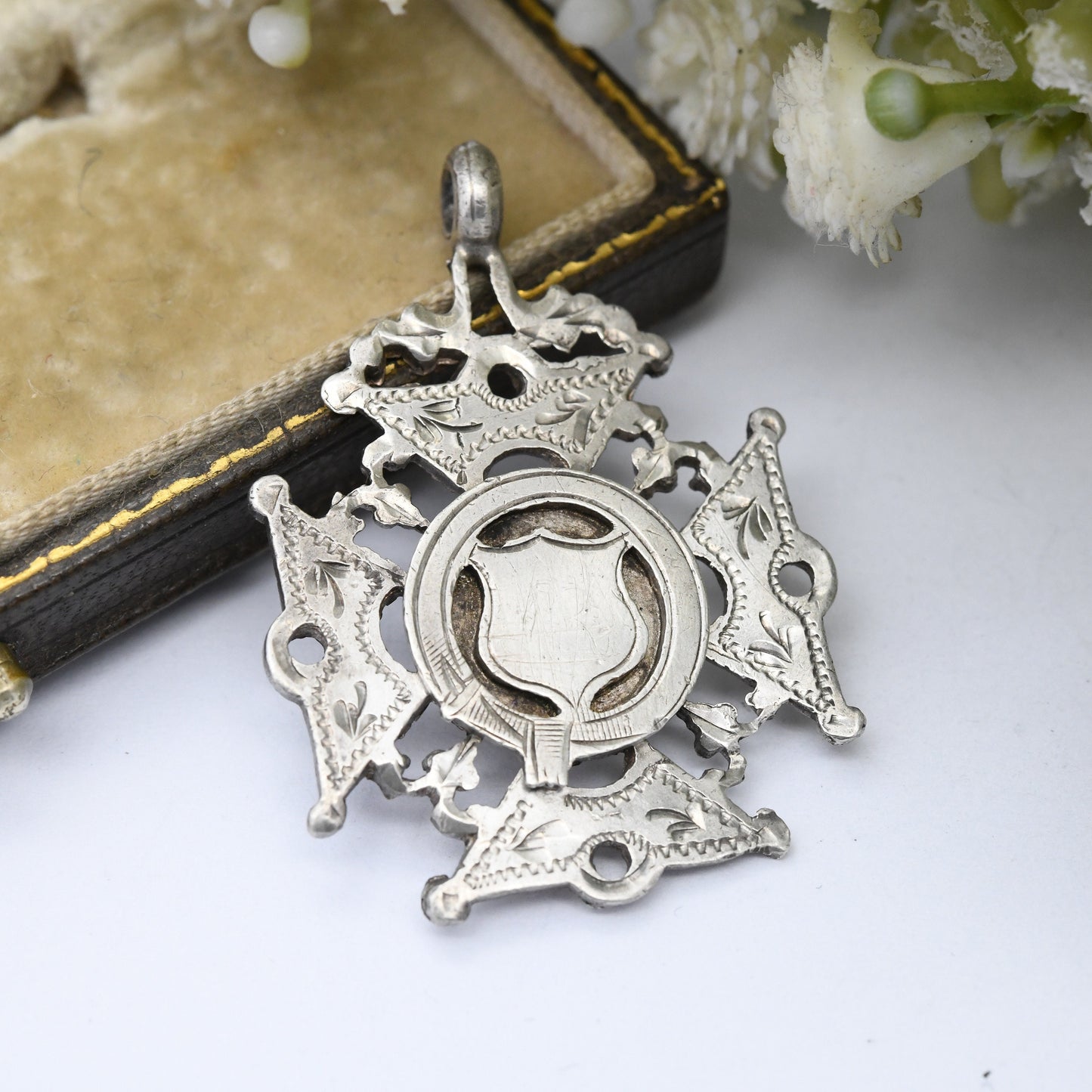 Antique Sterling Silver Watch Fob Pendant 1915 by William Hair Haseler - with Blank Space for Engraving Buckle and Shield Design