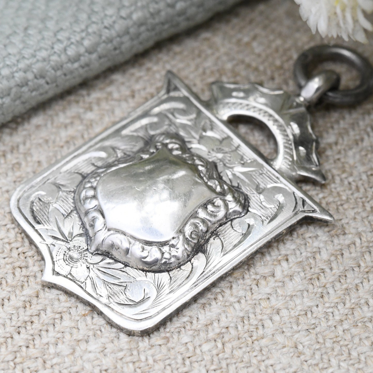 Vintage Sterling Silver Watch Fob Pendant 1936 - with Blank Space for Engraving | F. Young 1937 | Engraved Scrolling