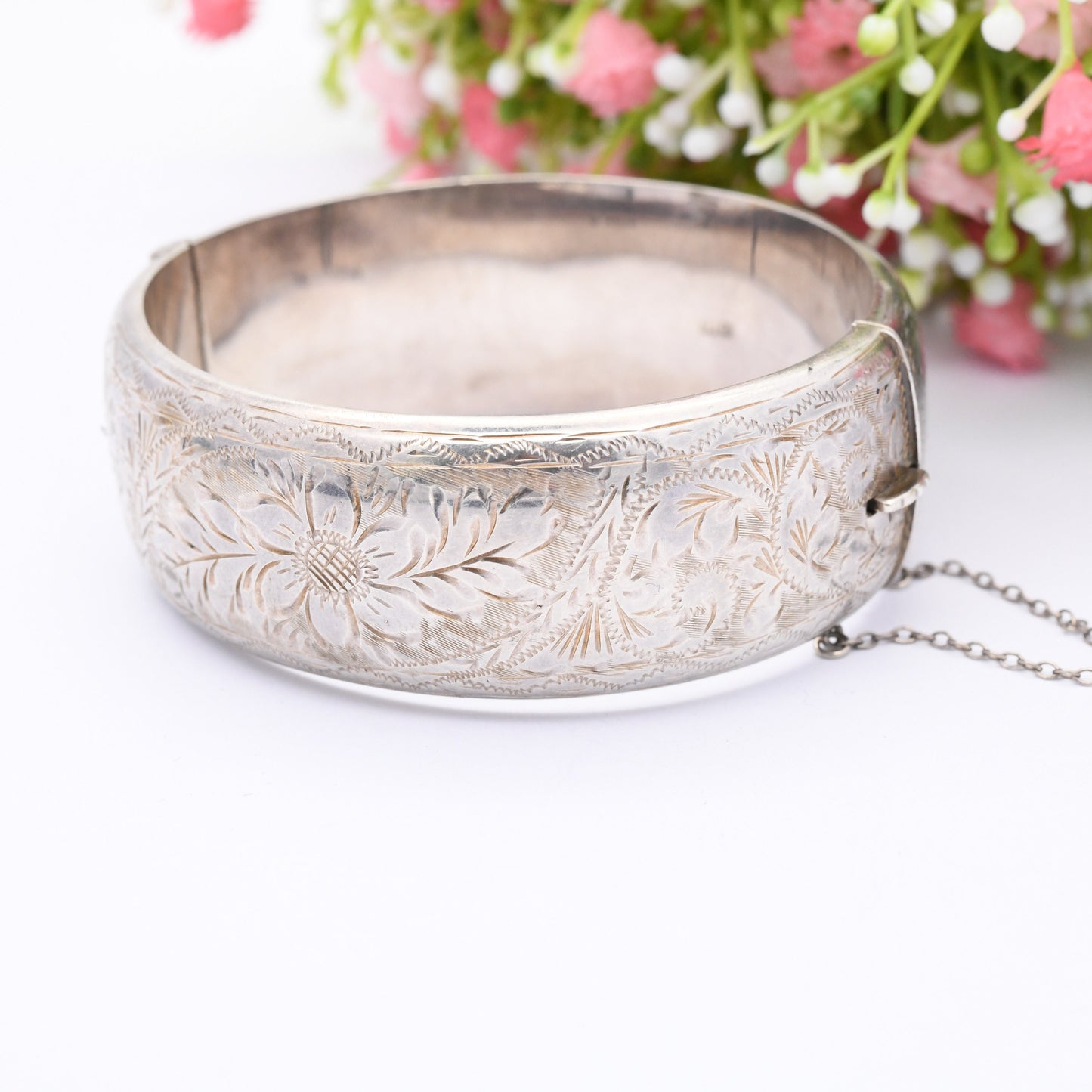 Vintage Sterling Silver Floral Bangle Bracelet 1962 by Joseph Smith - Chunky Victorian Aesthetic Style | with Safety Chain