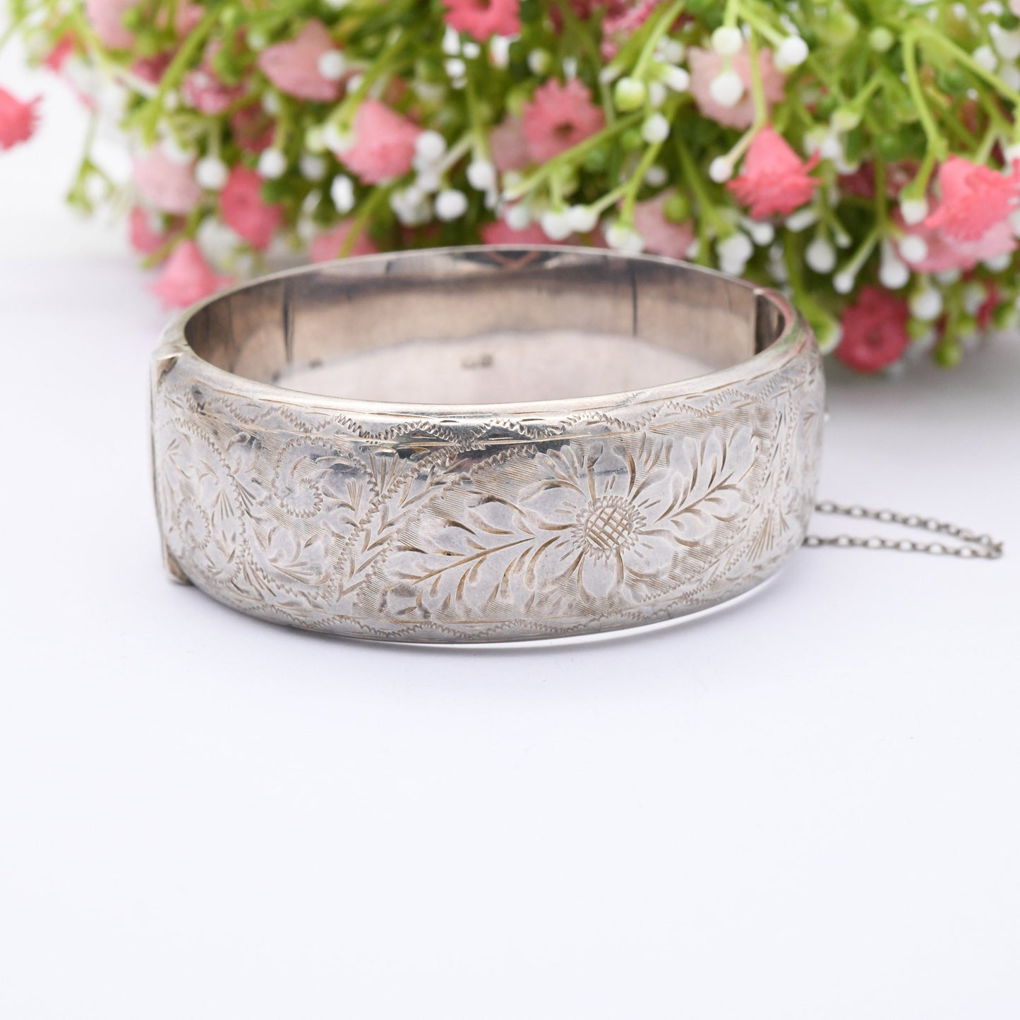 Vintage Sterling Silver Floral Bangle Bracelet 1962 by Joseph Smith - Chunky Victorian Aesthetic Style | with Safety Chain