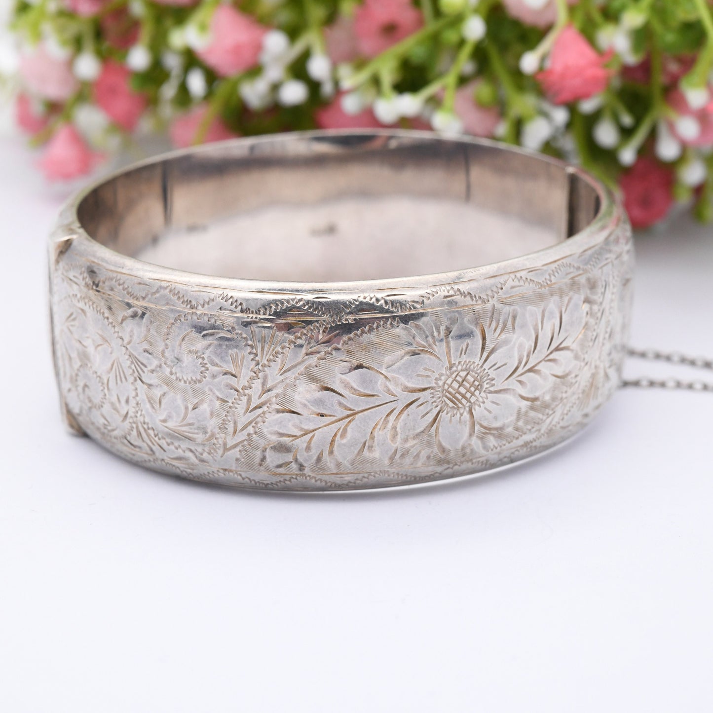 Vintage Sterling Silver Floral Bangle Bracelet 1962 by Joseph Smith - Chunky Victorian Aesthetic Style | with Safety Chain