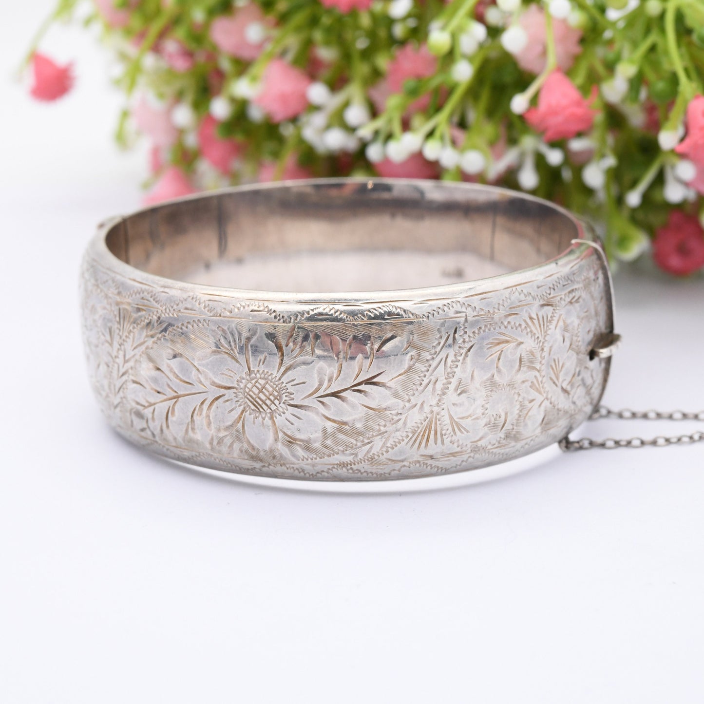 Vintage Sterling Silver Floral Bangle Bracelet 1962 by Joseph Smith - Chunky Victorian Aesthetic Style | with Safety Chain