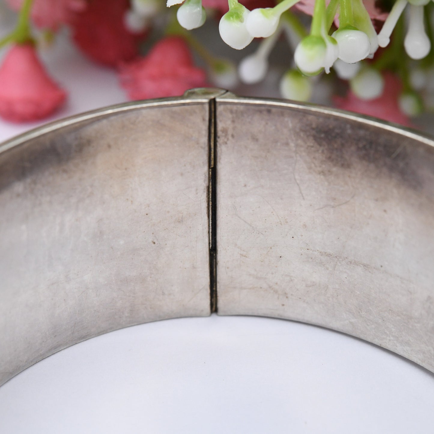 Vintage Sterling Silver Floral Bangle Bracelet 1962 by Joseph Smith - Chunky Victorian Aesthetic Style | with Safety Chain