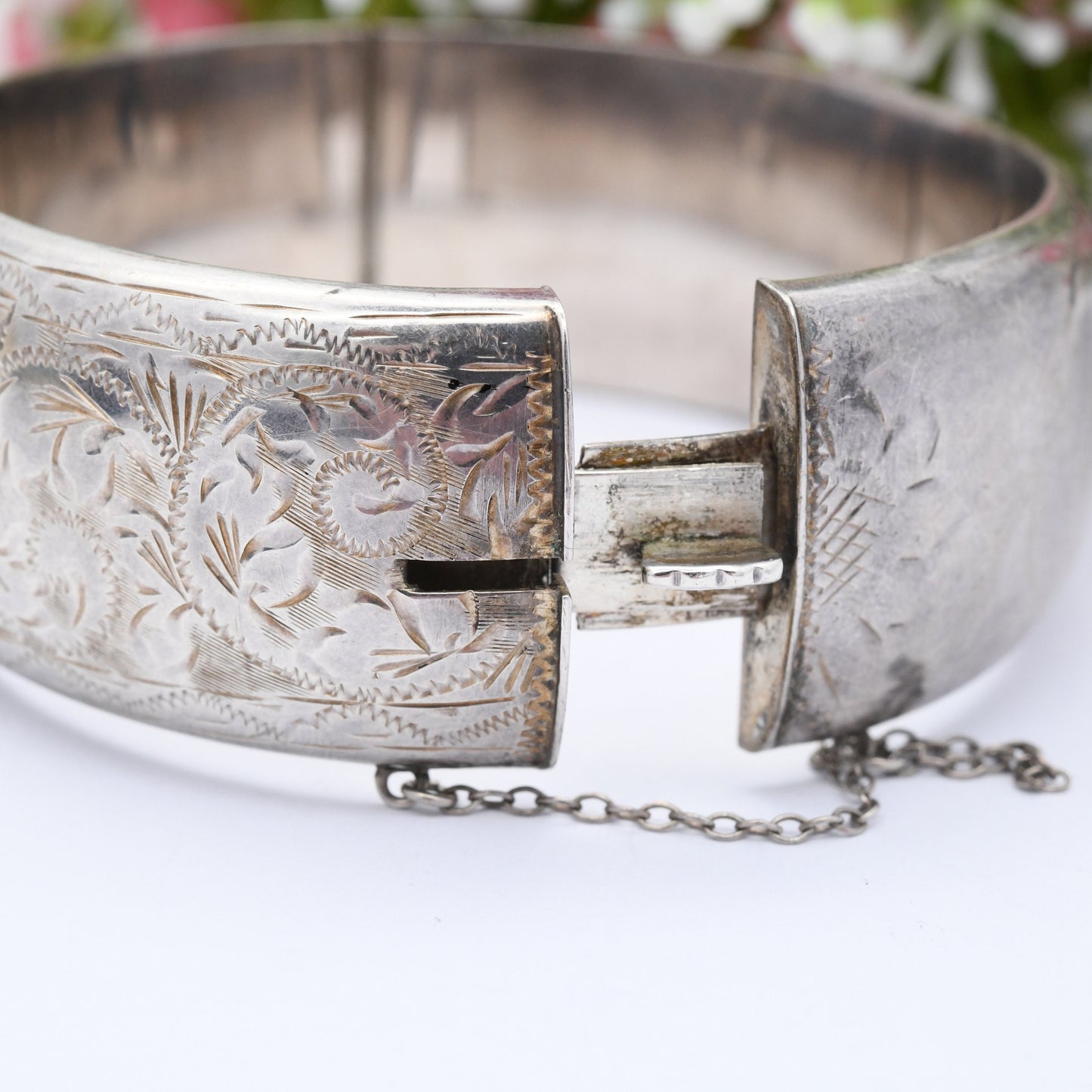 Vintage Sterling Silver Floral Bangle Bracelet 1962 by Joseph Smith - Chunky Victorian Aesthetic Style | with Safety Chain