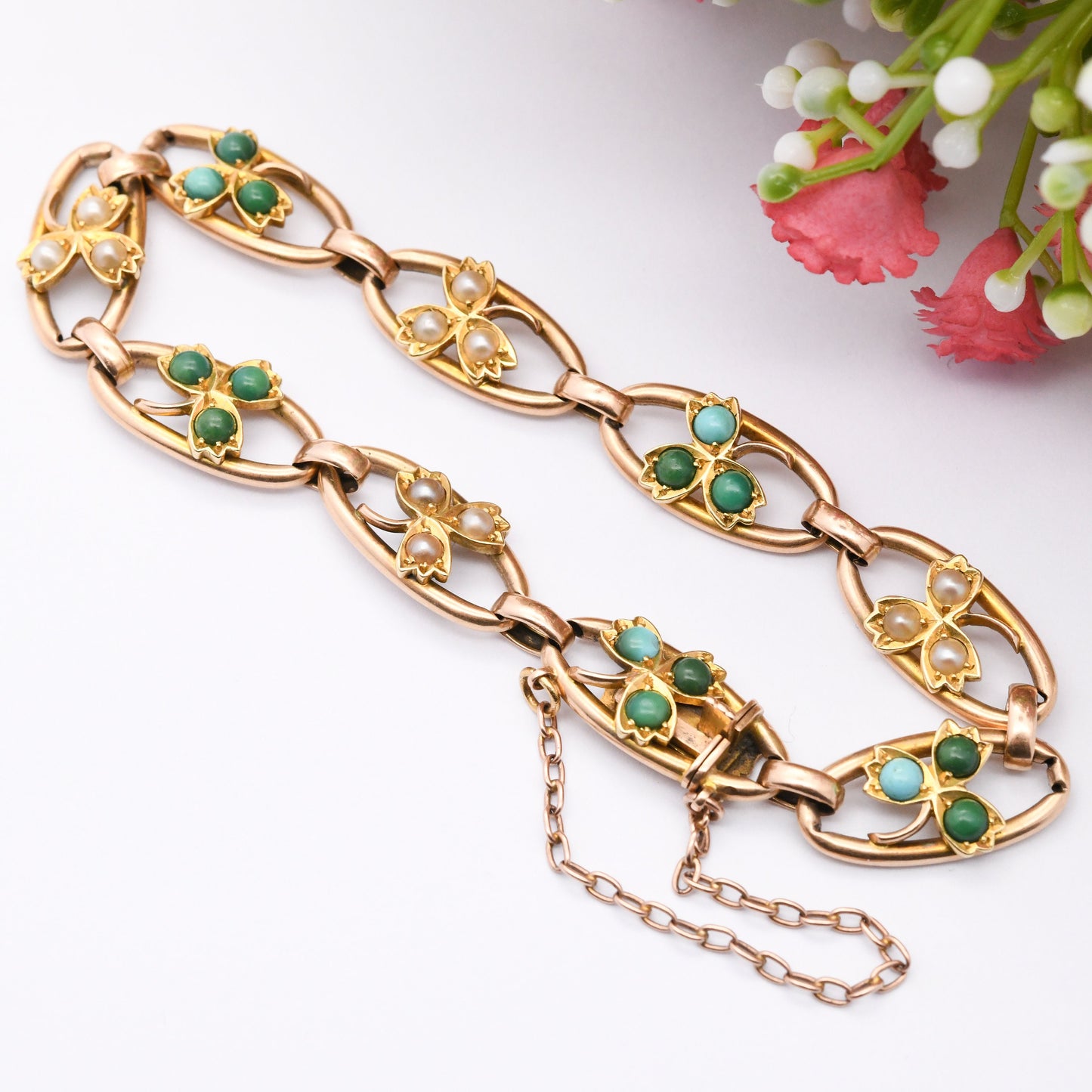 Antique Victorian 15ct Gold Bracelet with Turquoise and Pearl Three Leaf Clover Design - Lucky Symbol Good Luck Jewellery | Tulip Leaf