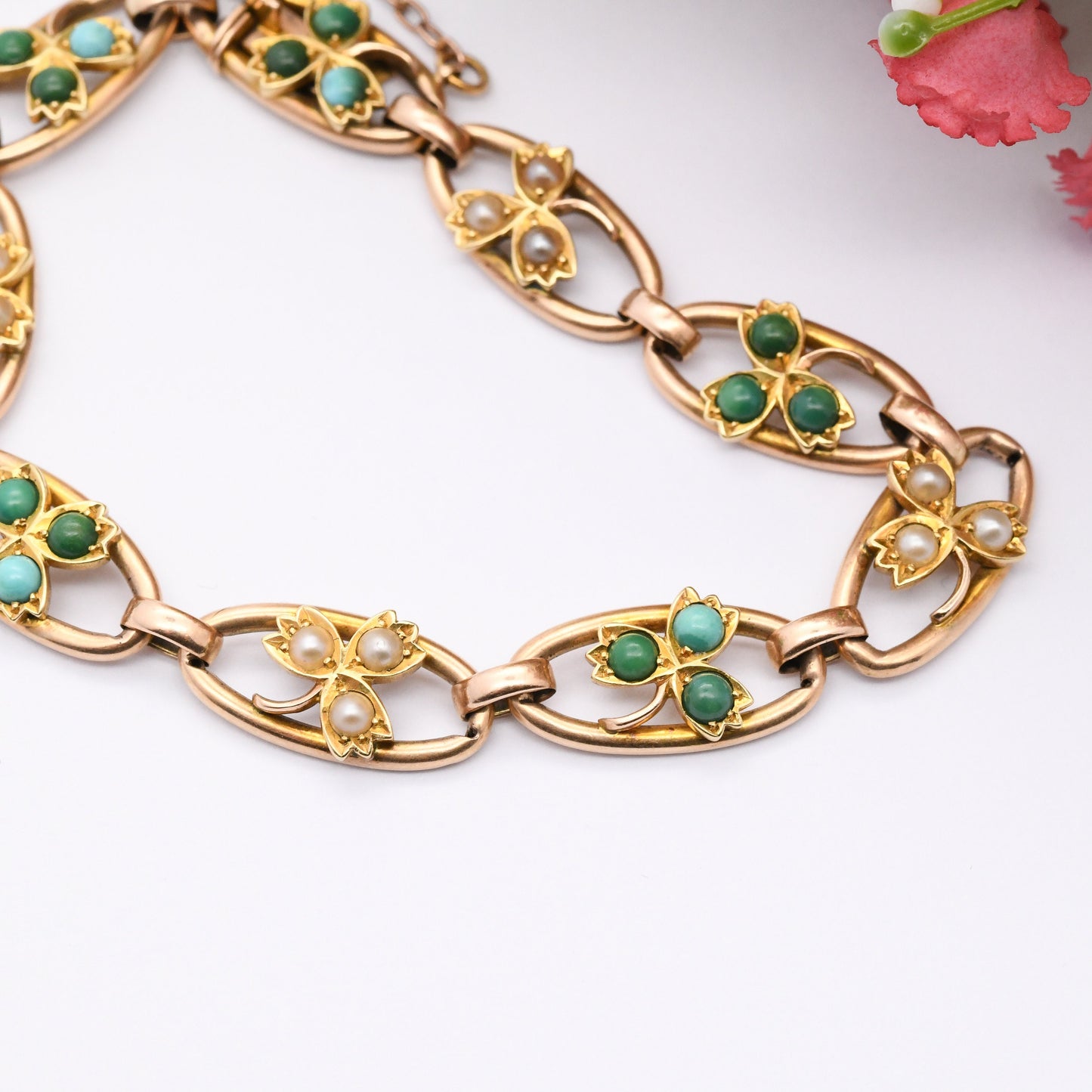 Antique Victorian 15ct Gold Bracelet with Turquoise and Pearl Three Leaf Clover Design - Lucky Symbol Good Luck Jewellery | Tulip Leaf