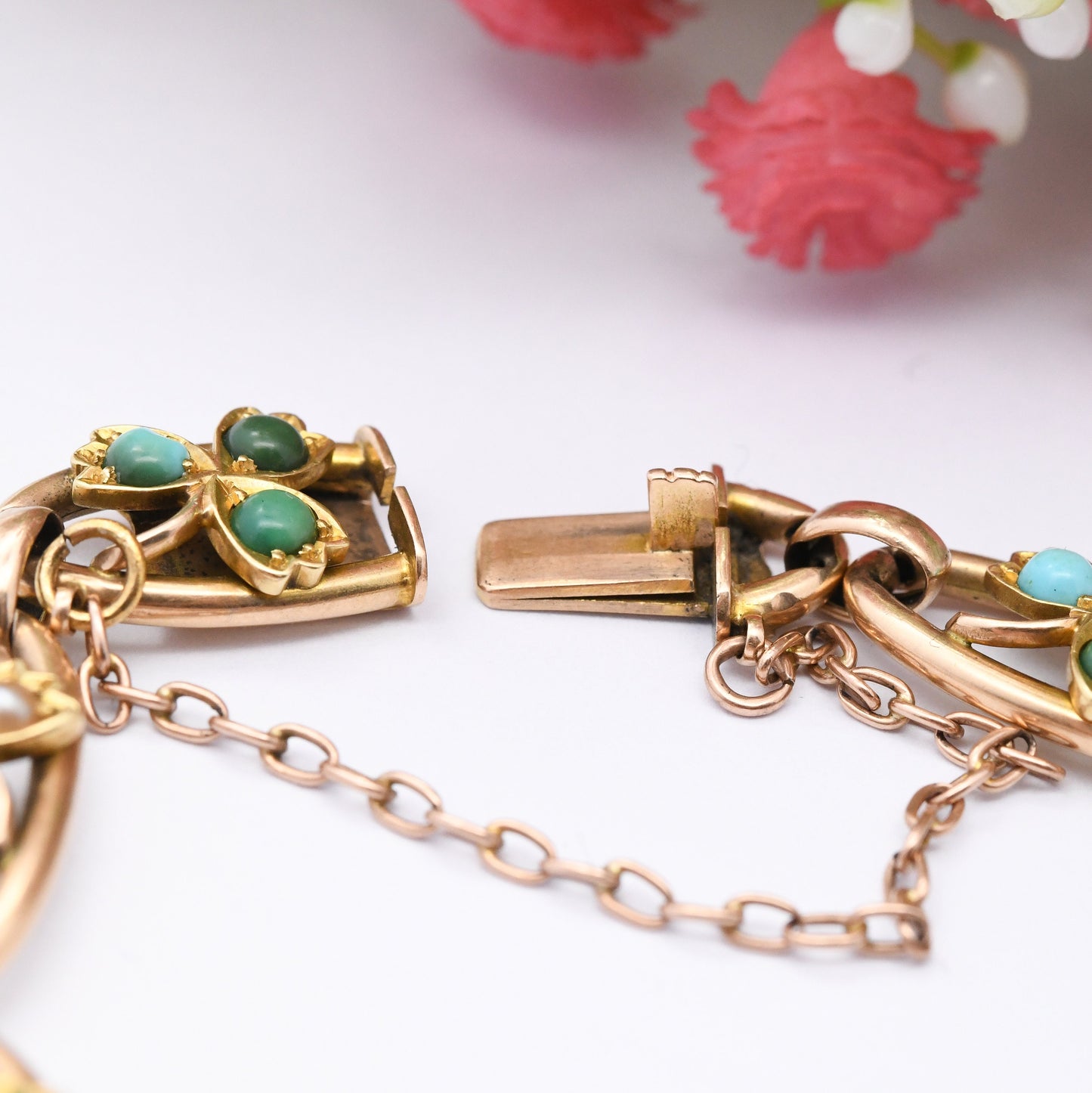 Antique Victorian 15ct Gold Bracelet with Turquoise and Pearl Three Leaf Clover Design - Lucky Symbol Good Luck Jewellery | Tulip Leaf