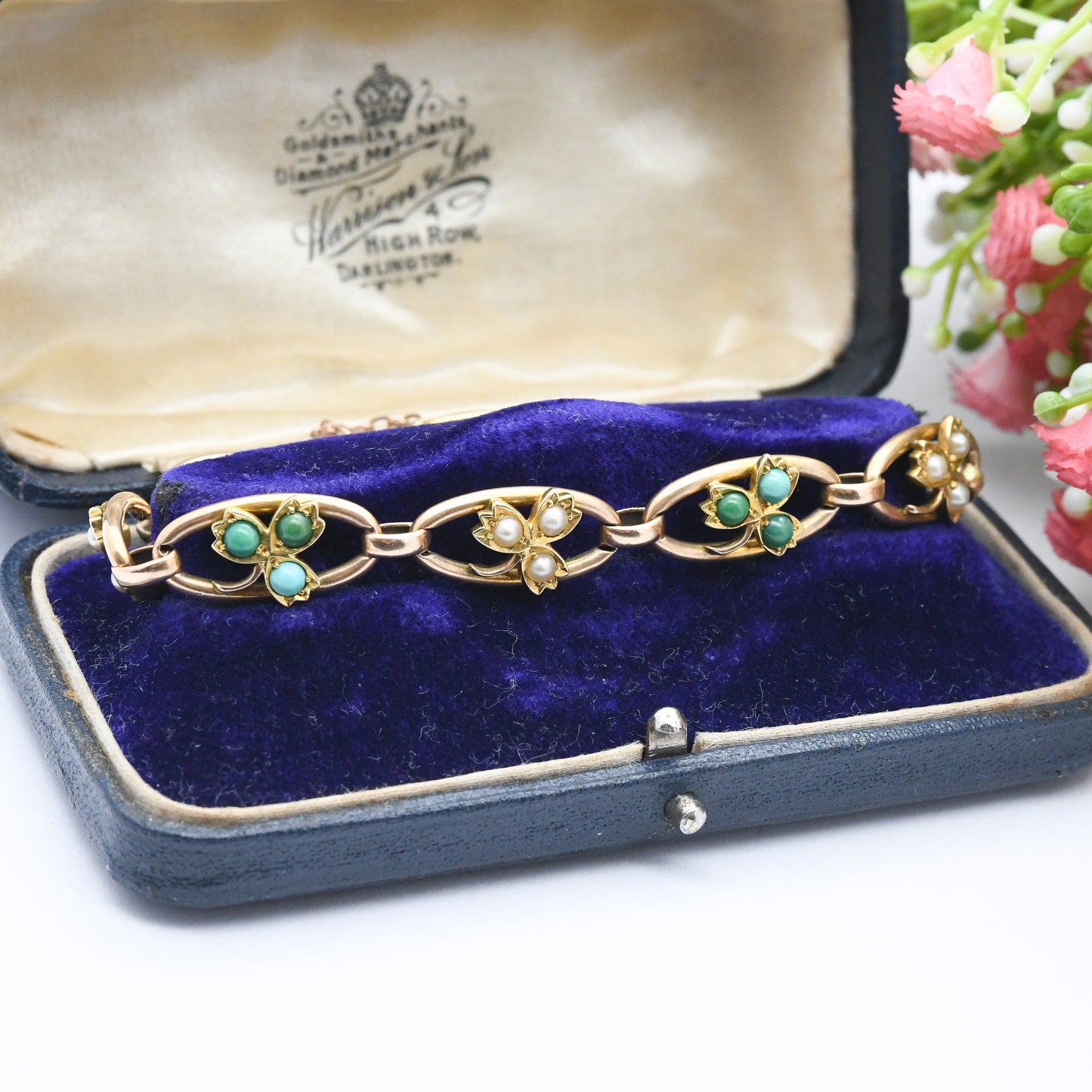 Antique Victorian 15ct Gold Bracelet with Turquoise and Pearl Three Leaf Clover Design - Lucky Symbol Good Luck Jewellery | Tulip Leaf
