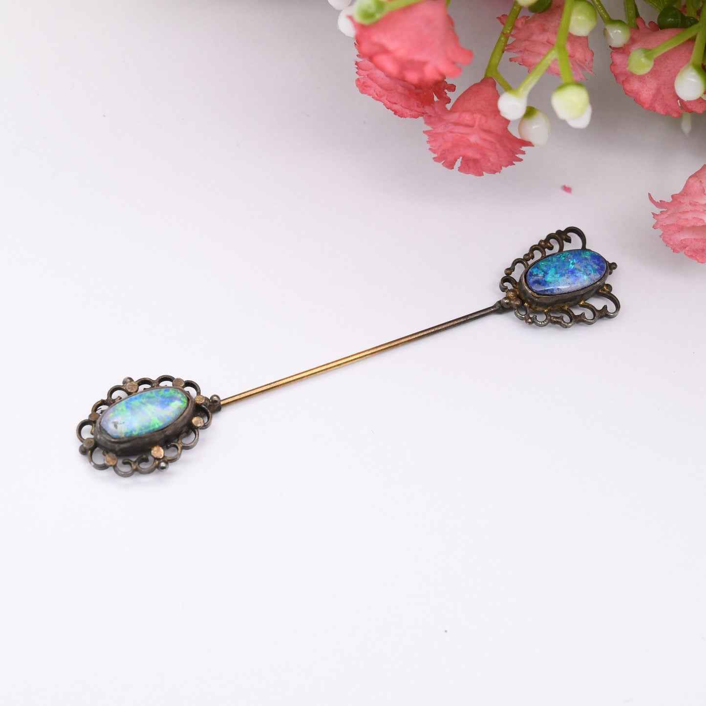 Vintage Opal Stick Pin Blue Opal Cap - Double Ended Lapel Tie Pin | Opal Doublet | Ornate Antique Style