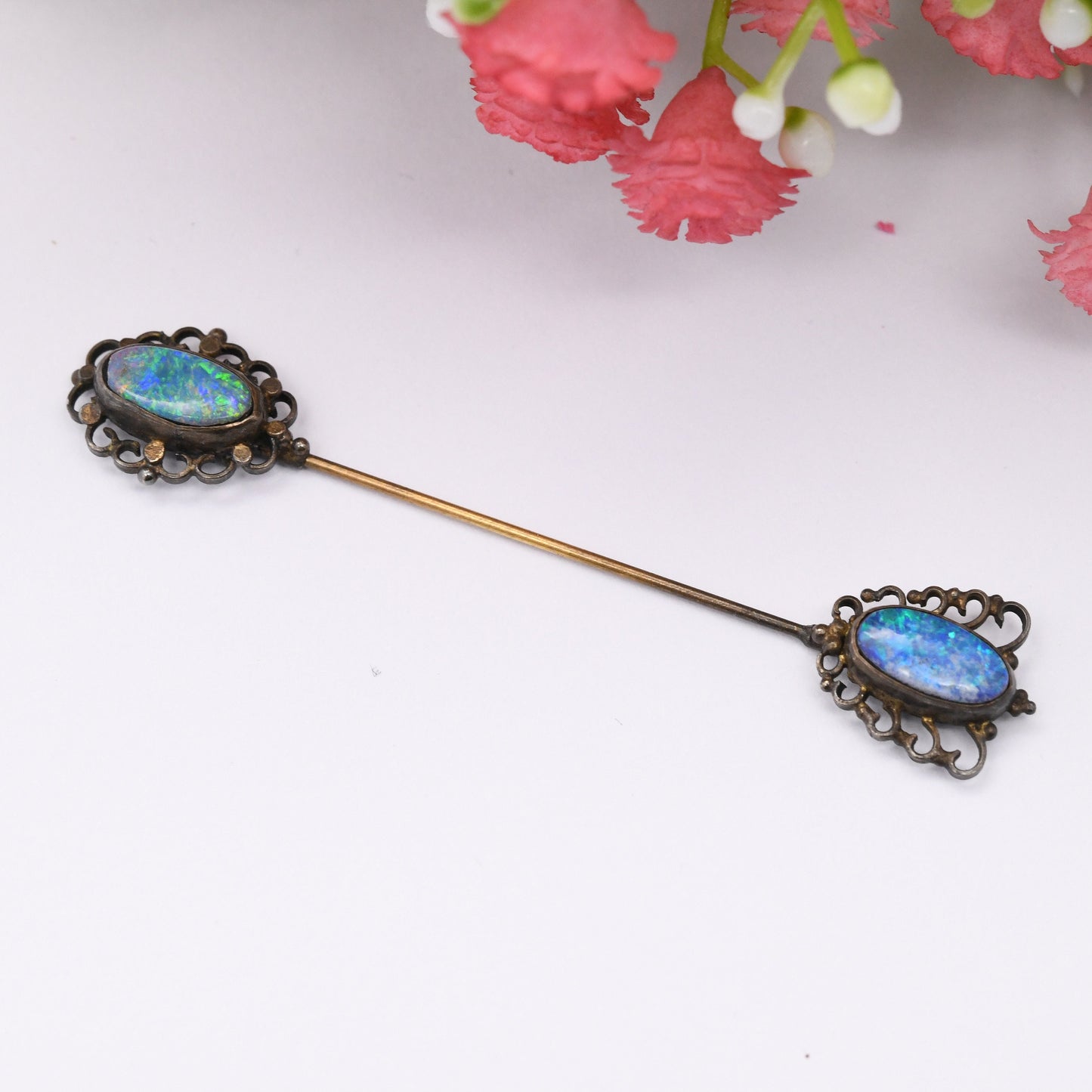 Vintage Opal Stick Pin Blue Opal Cap - Double Ended Lapel Tie Pin | Opal Doublet | Ornate Antique Style