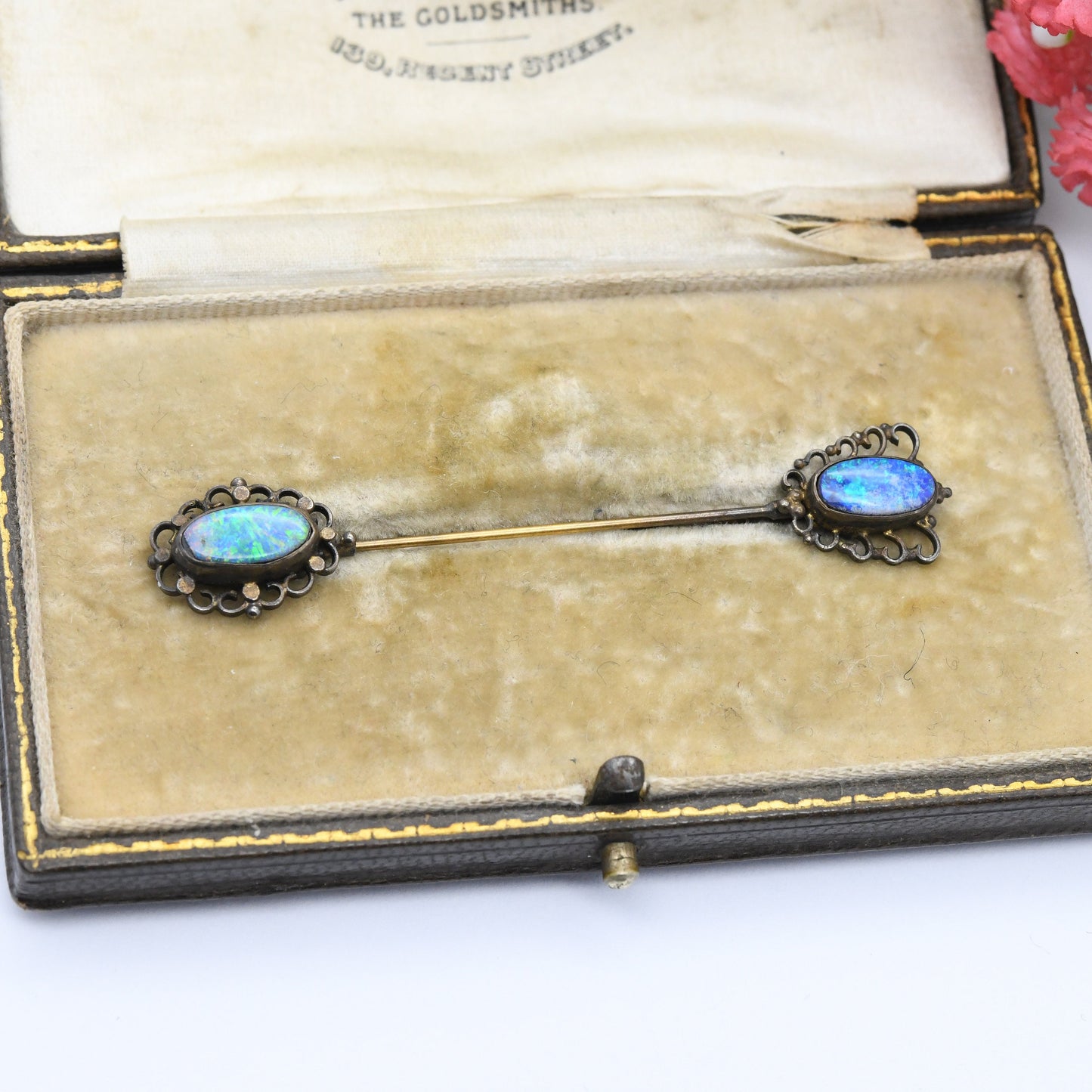 Vintage Opal Stick Pin Blue Opal Cap - Double Ended Lapel Tie Pin | Opal Doublet | Ornate Antique Style