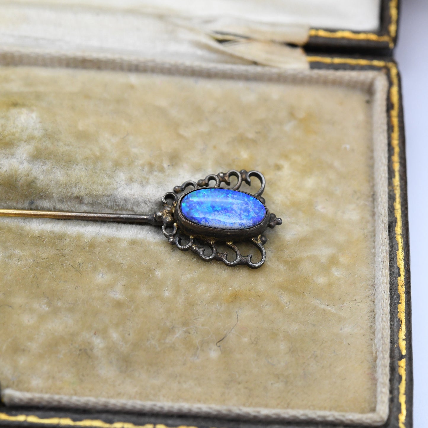 Vintage Opal Stick Pin Blue Opal Cap - Double Ended Lapel Tie Pin | Opal Doublet | Ornate Antique Style