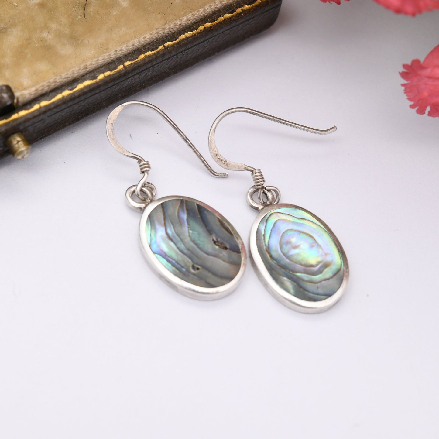 Vintage Sterling Silver Abalone Shell Drop Earrings - Stiped Paua Shell Hook Earrings