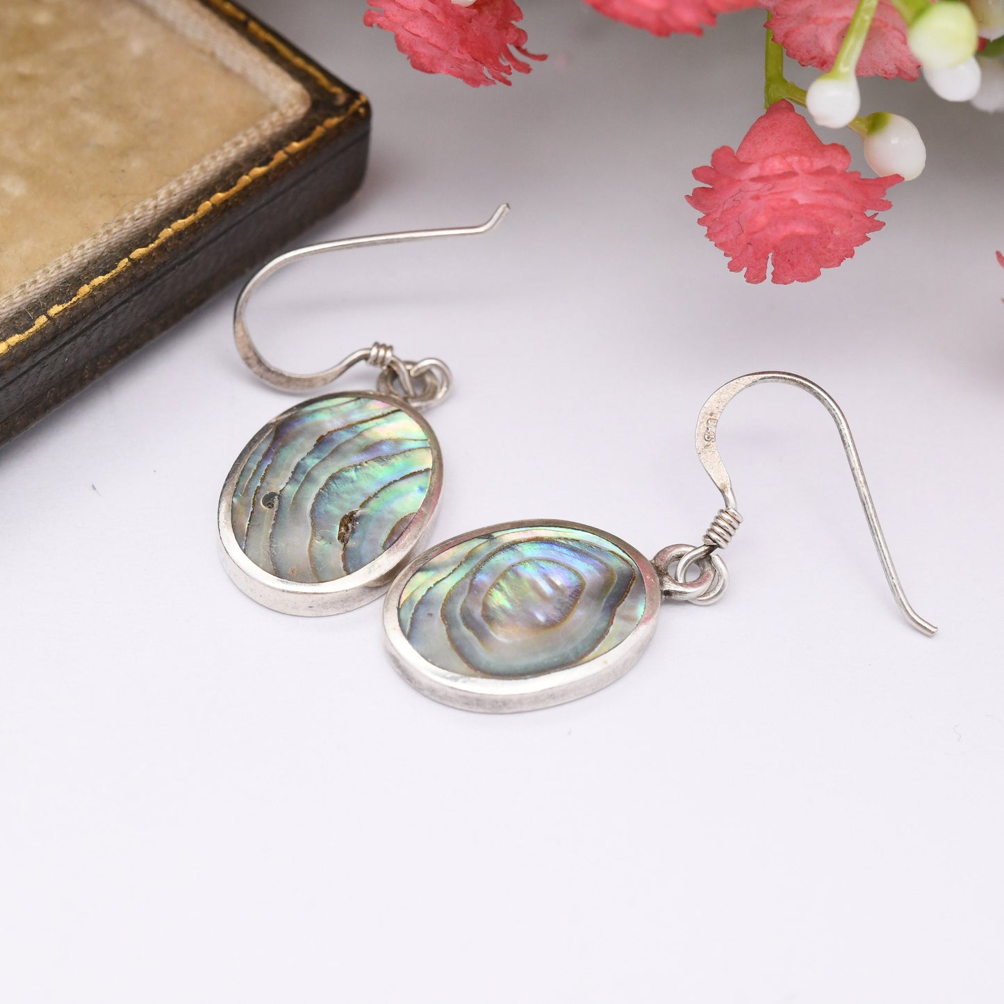Vintage Sterling Silver Abalone Shell Drop Earrings - Stiped Paua Shell Hook Earrings