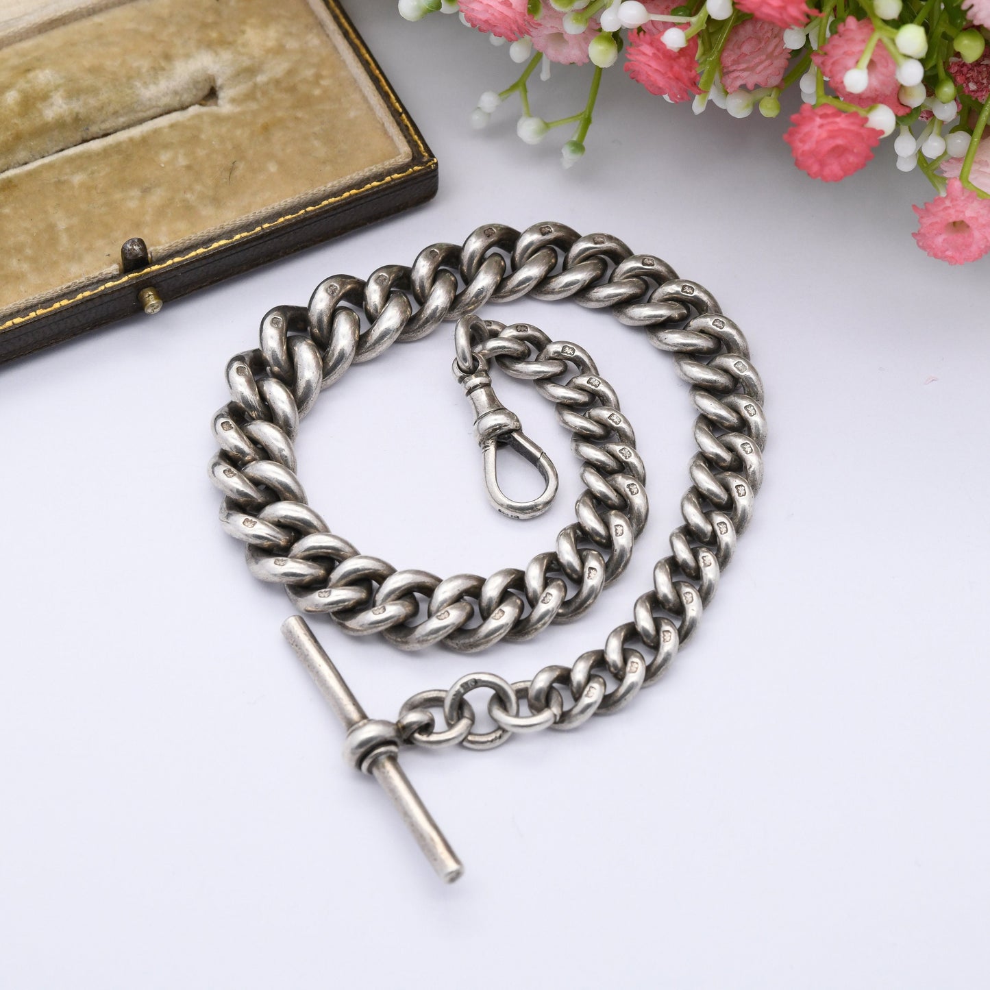 Antique Sterling Silver Albert Chain with Dog Clip and T-Bar 1902 by Henry Allday & Son - Graduated Curb Link | Pocket Watch Chain 12" | 86g