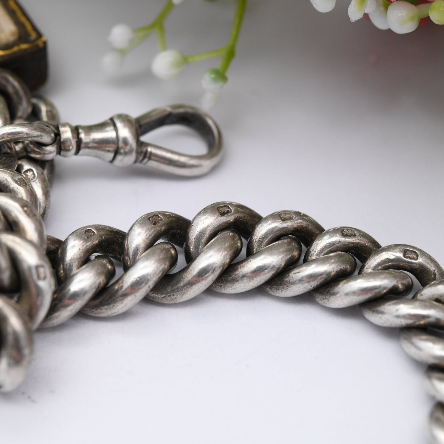 Antique Sterling Silver Albert Chain with Dog Clip and T-Bar 1902 by Henry Allday & Son - Graduated Curb Link | Pocket Watch Chain 12" | 86g