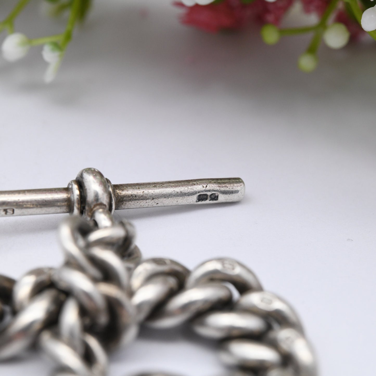 Antique Sterling Silver Albert Chain with Dog Clip and T-Bar 1902 by Henry Allday & Son - Graduated Curb Link | Pocket Watch Chain 12" | 86g