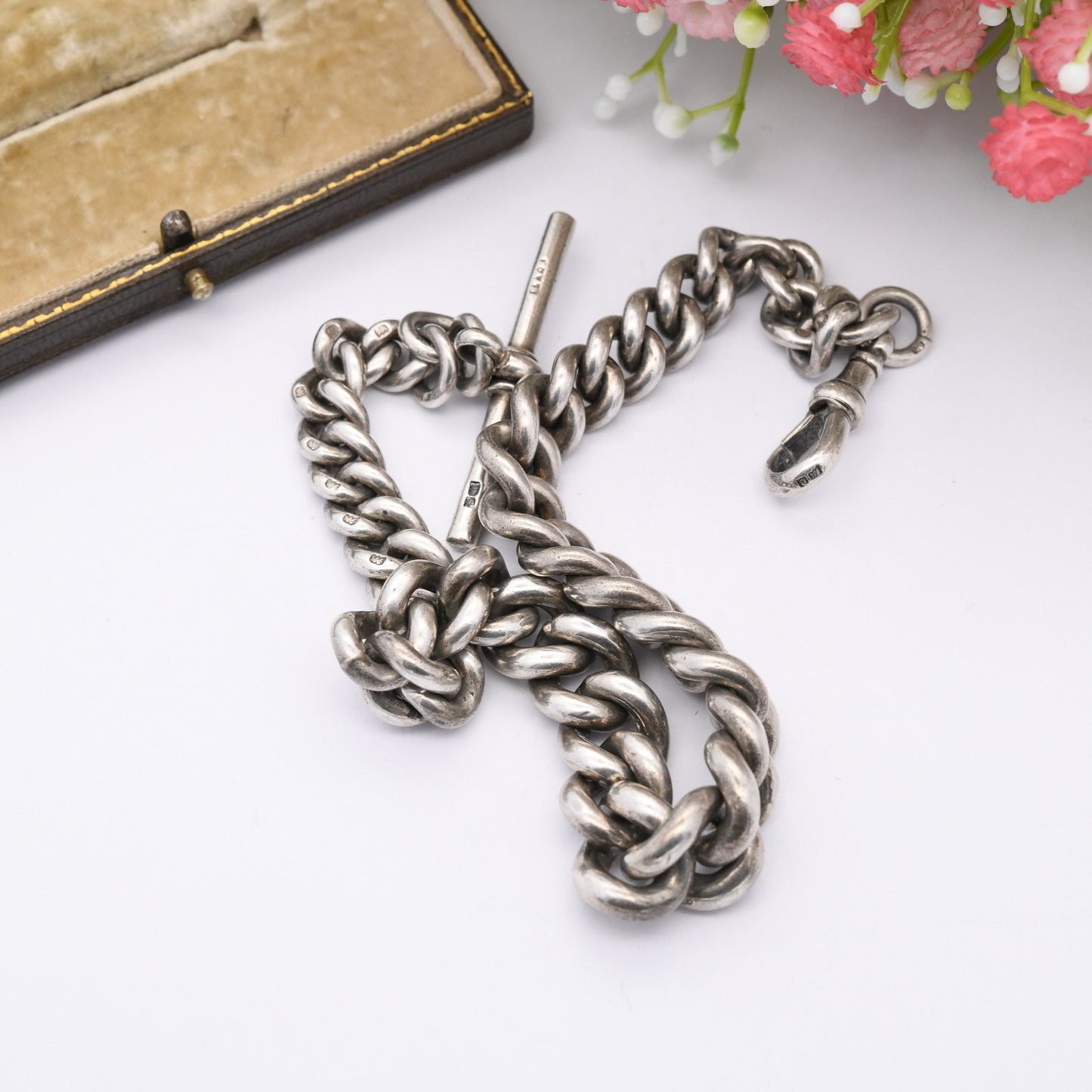 Antique Sterling Silver Albert Chain with Dog Clip and T-Bar 1902 by Henry Allday & Son - Graduated Curb Link | Pocket Watch Chain 12" | 86g